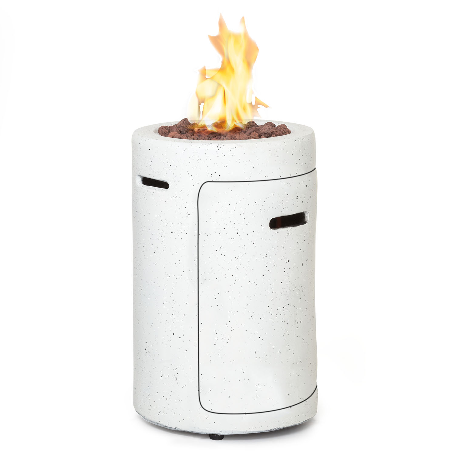 Weißer Feuerkorb mit Flammen und Lavagestein, auf weißem Hintergrund.