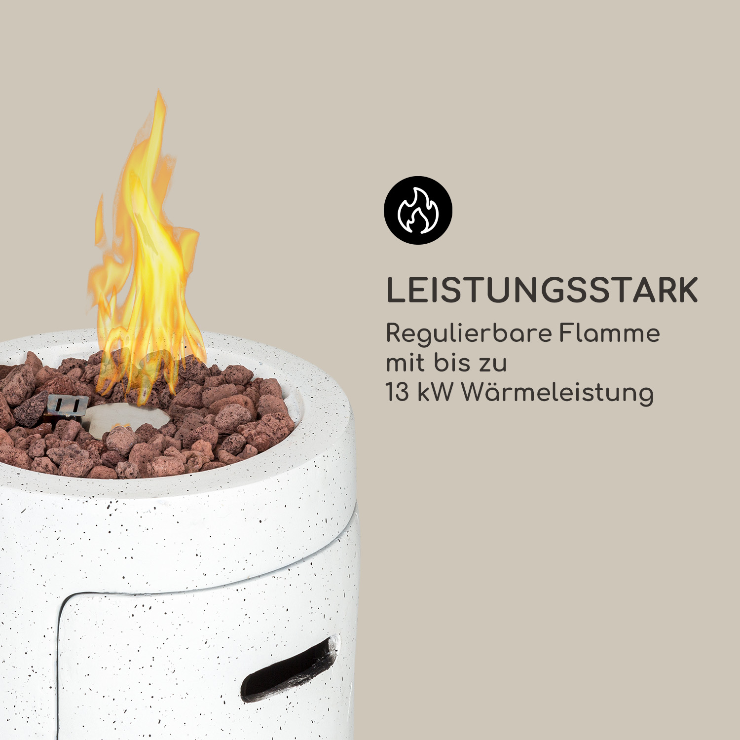 Feuerstelle mit Flammen und Text auf Deutsch über die Wärmeabgabe.