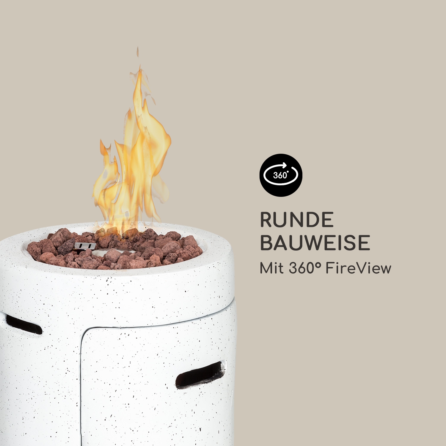 Weißer Feuerkorb mit brennenden Flammen und roten Steinen. Text: 'Runde Bauweise'.