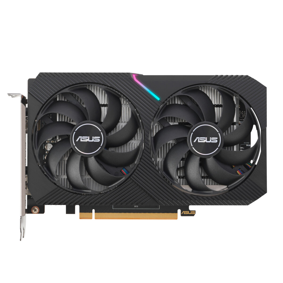 Scheda grafica ASUS nera con due ventole. Design nero e argento. Sfondo bianco.