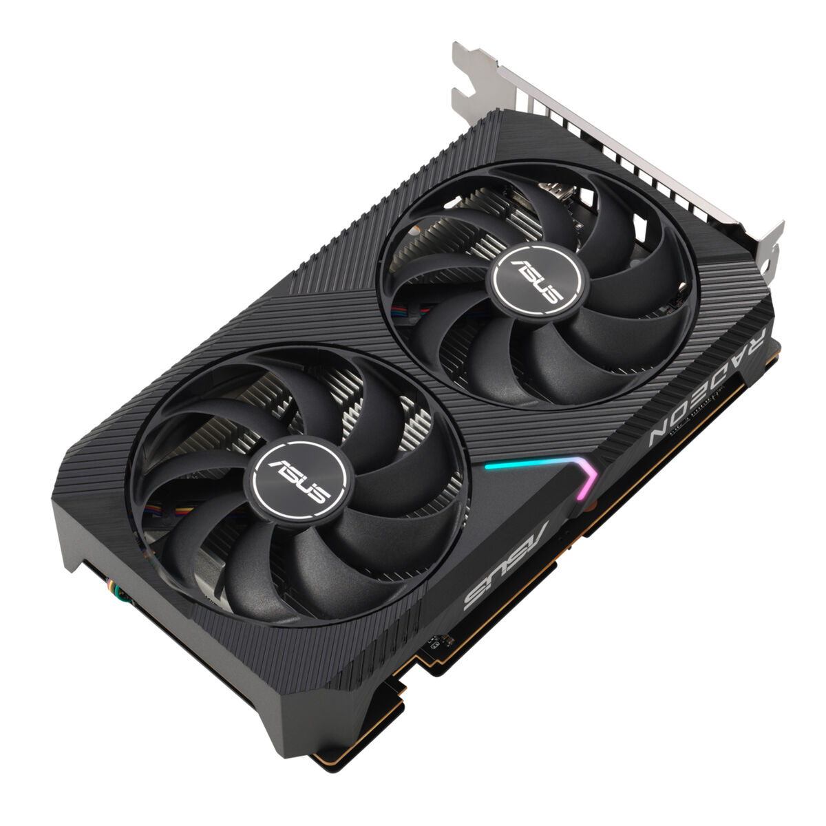 Scheda grafica ASUS Radeon con due ventole nere. Design nero e argento. Sfondo bianco.