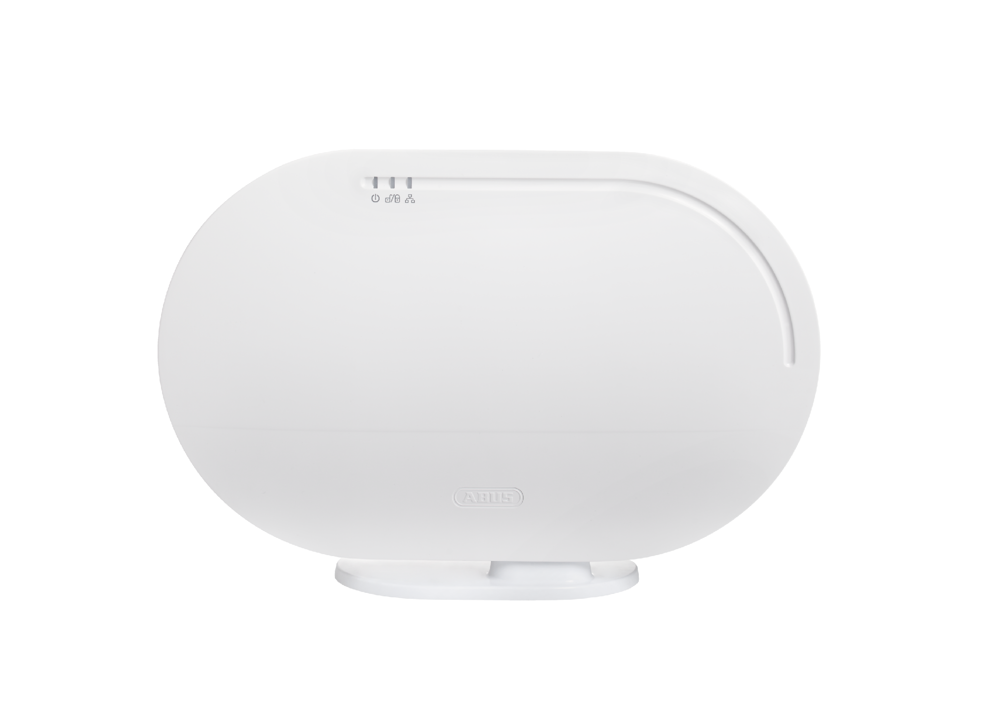 Weißes, ovalförmiges Smart-Home-Gerät auf einem weißen Ständer.