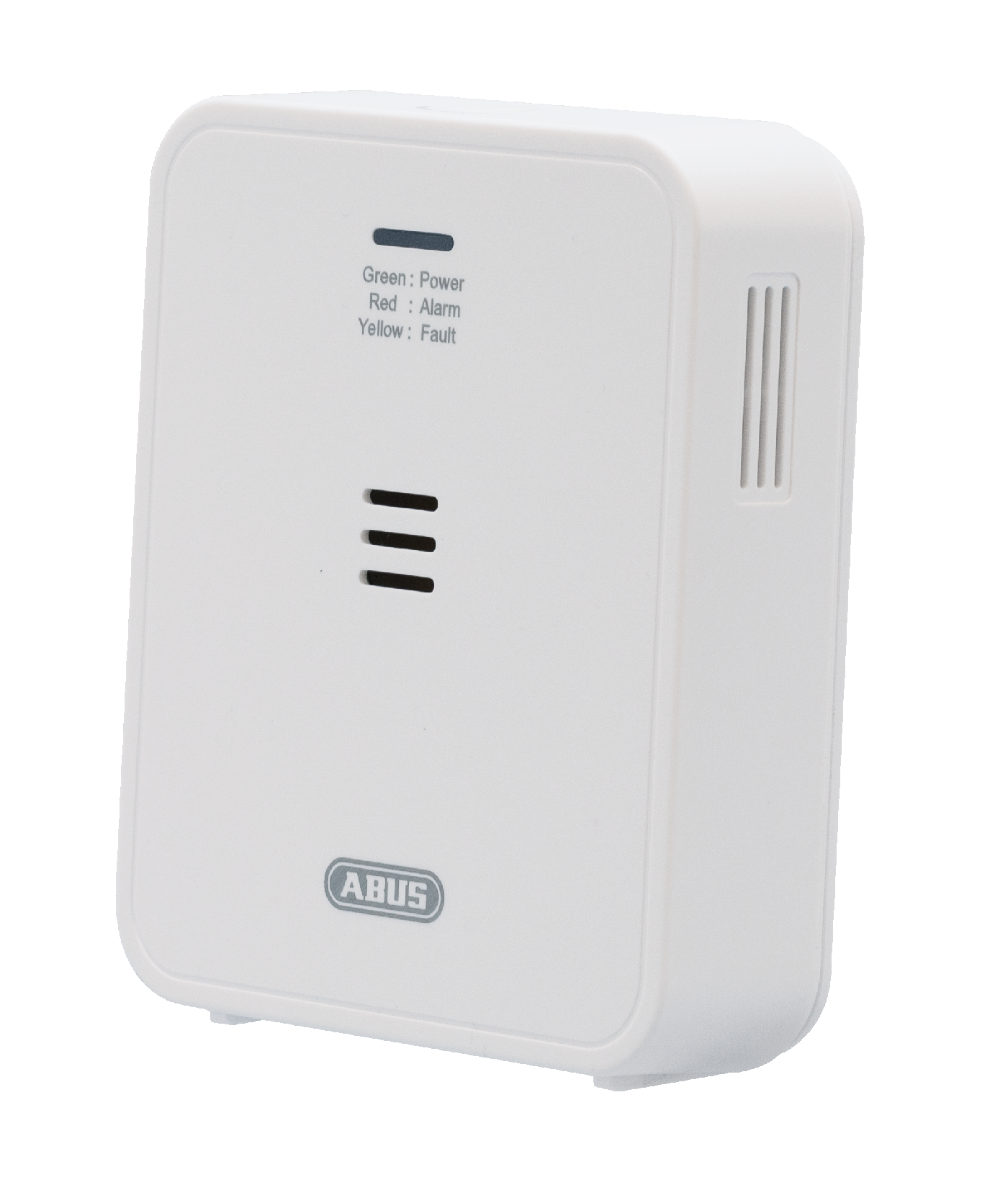 Weißes ABUS-Alarmgerät mit Statusanzeigen, einfaches Design.