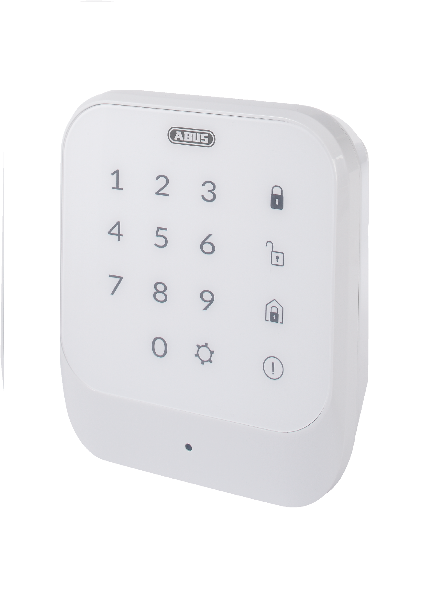 Tastierino di sicurezza bianco con pulsanti numerati e simboli, leggermente angolato. Logo ABUS visibile.