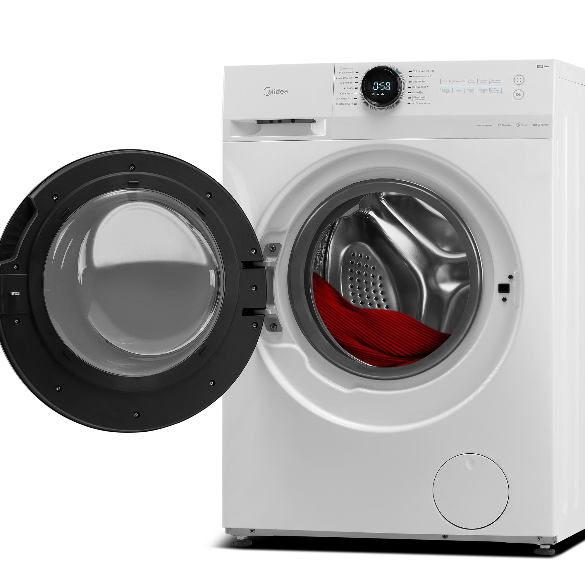 Eine weiße Waschmaschine, Tür offen, mit roter Kleidung im Inneren. Das Display zeigt 0:58.