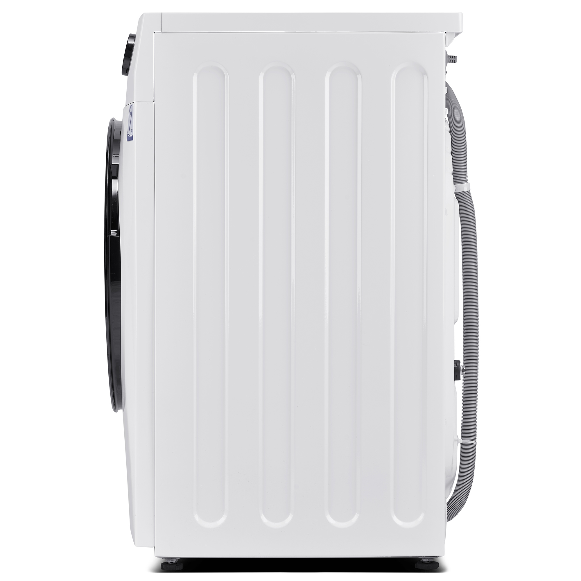 Weiße LG Waschmaschine, Seitenansicht, mit Wasserschlauch und Bedienelementen.