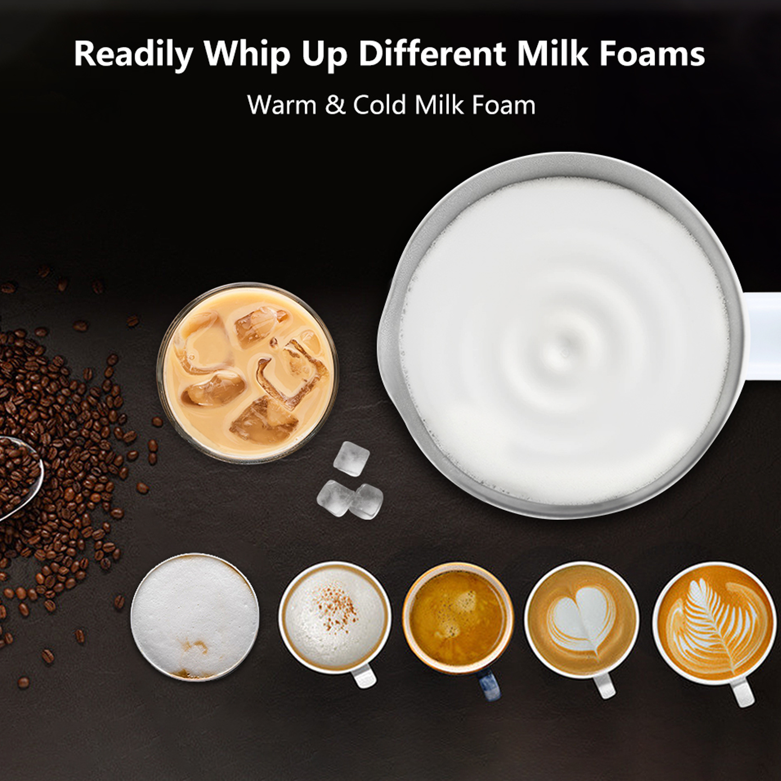 Una imagen que muestra diferentes tipos de espuma de leche y bebidas de café.