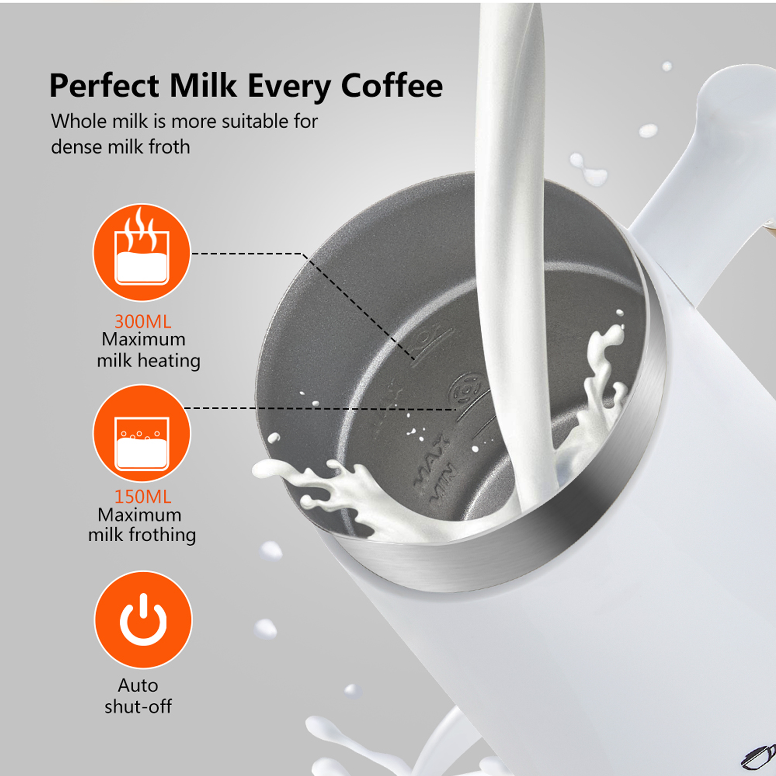 Espumador de leche con leche vertiéndose. Texto explica niveles máximos de calentamiento y espumado y apagado automático.