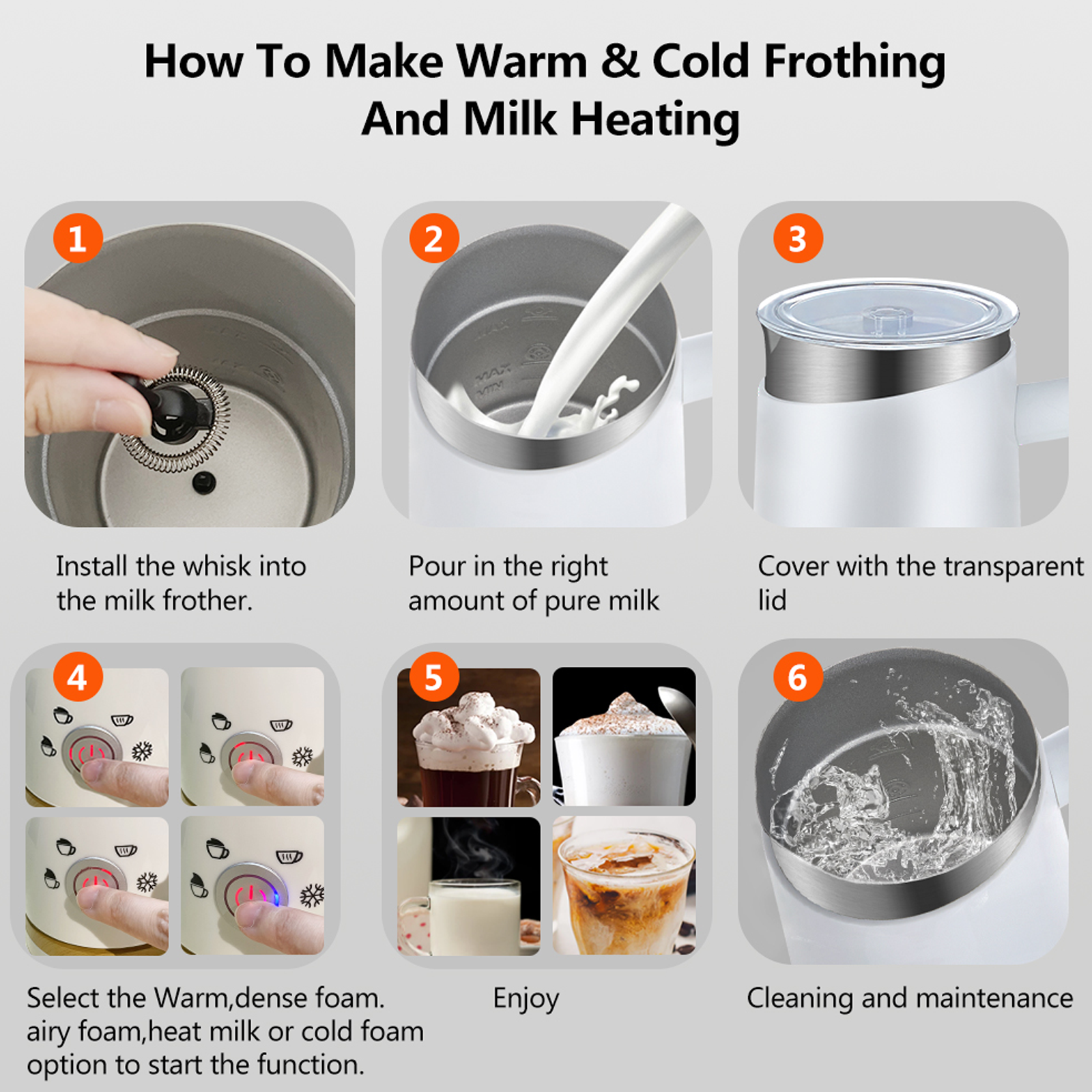Instrucciones para espumar leche: batir, verter leche, cubrir, seleccionar, disfrutar y limpiar.