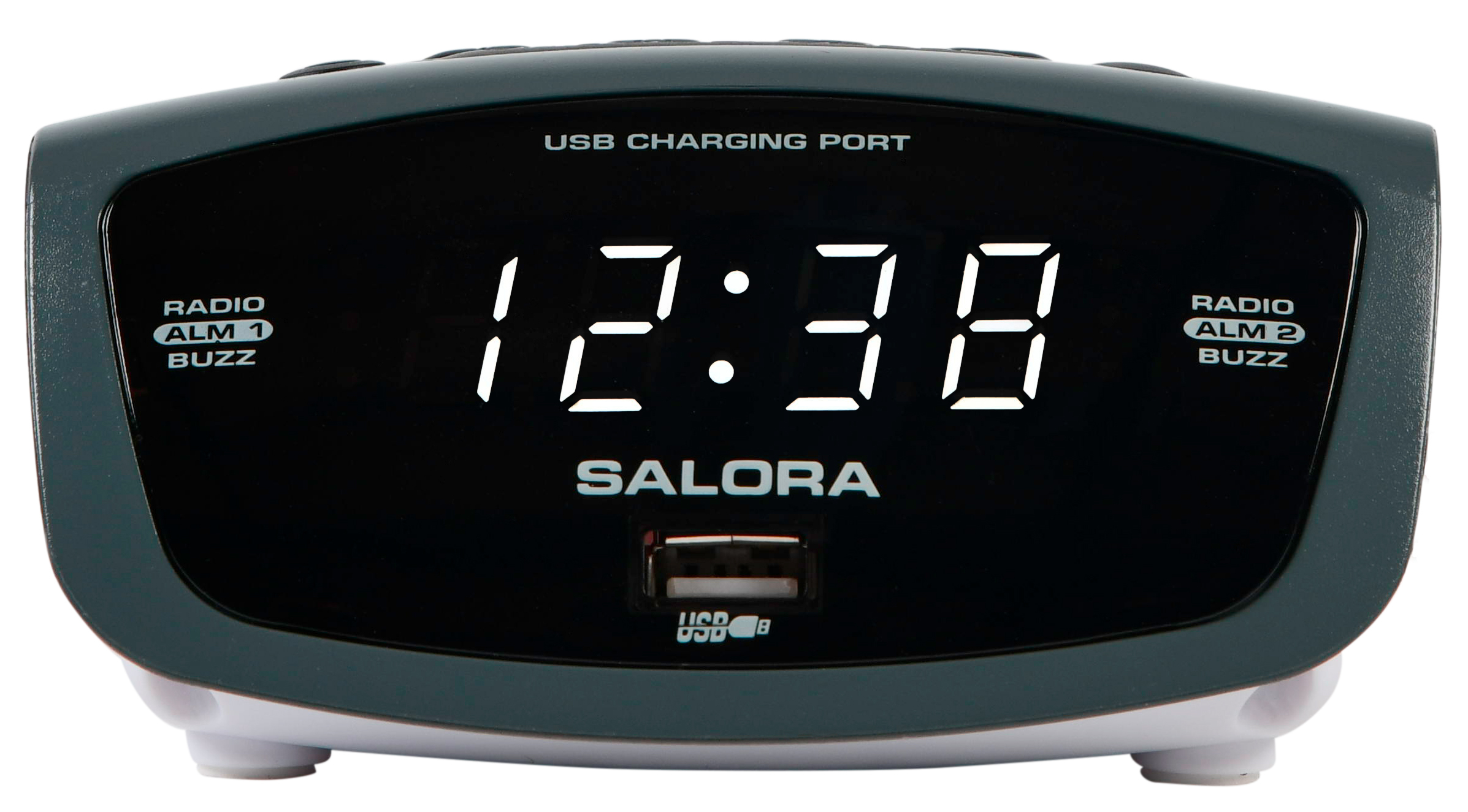 Black alarm clock with a digital display showing the time 12:38. It has a USB charging port.