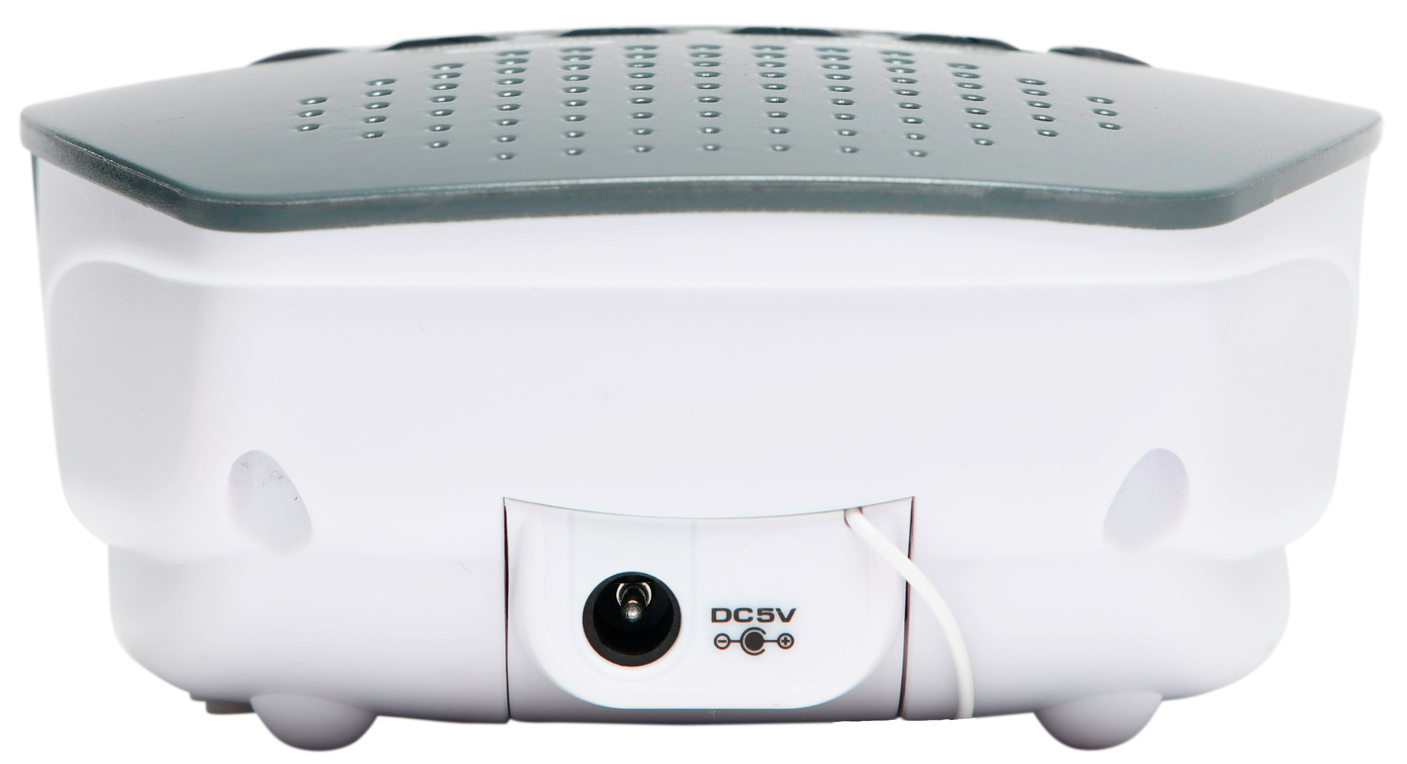 White device with a gray top and a DC5V port on the back.