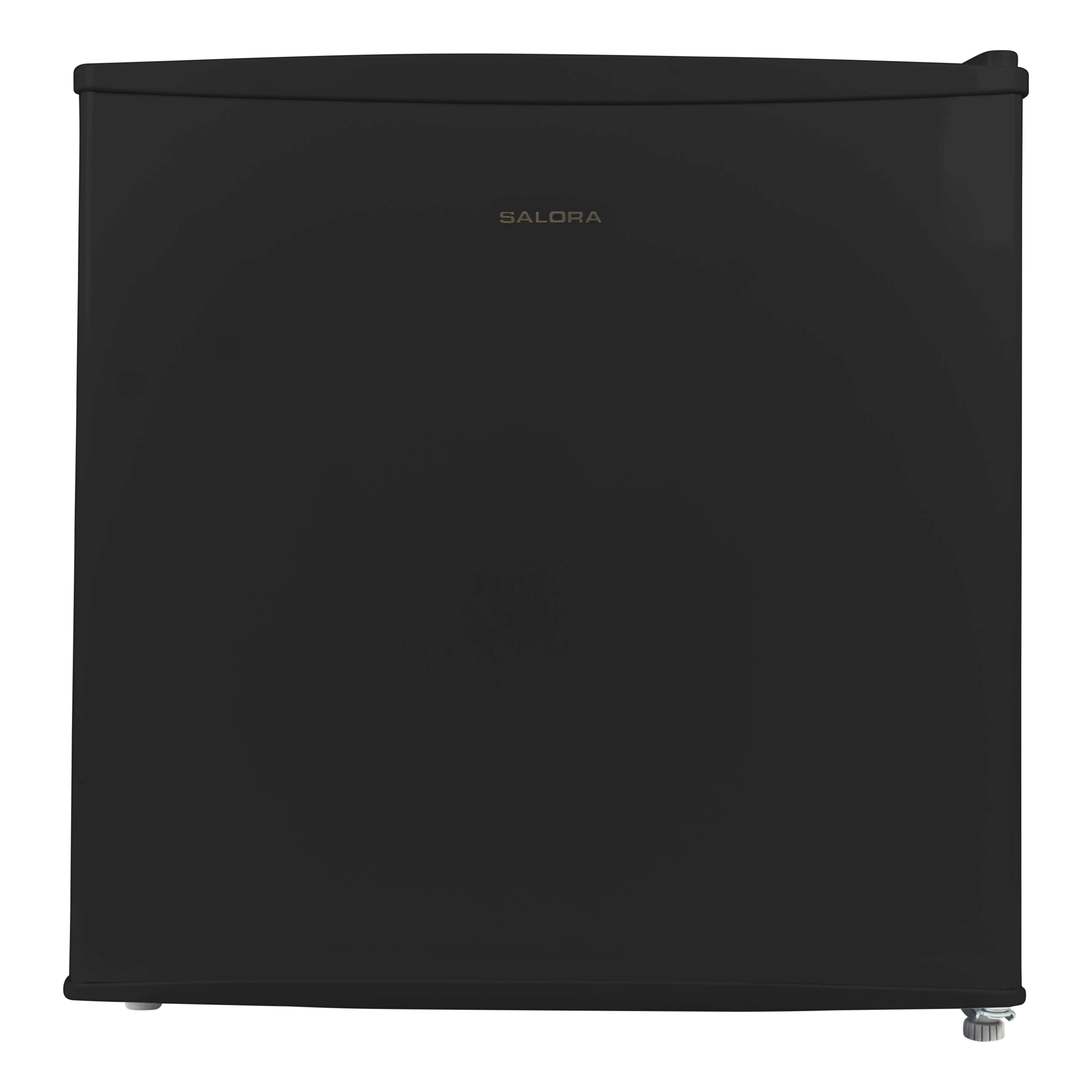 A black mini-fridge with the brand name SALORA on it. The background is plain white.