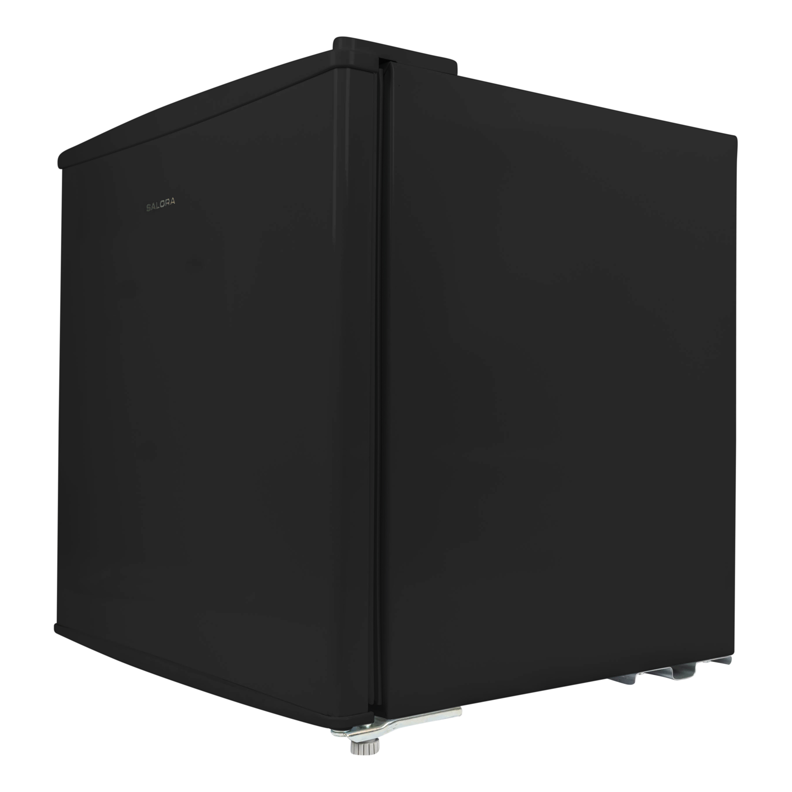 Black mini-fridge, with a silver logo, against a white background.