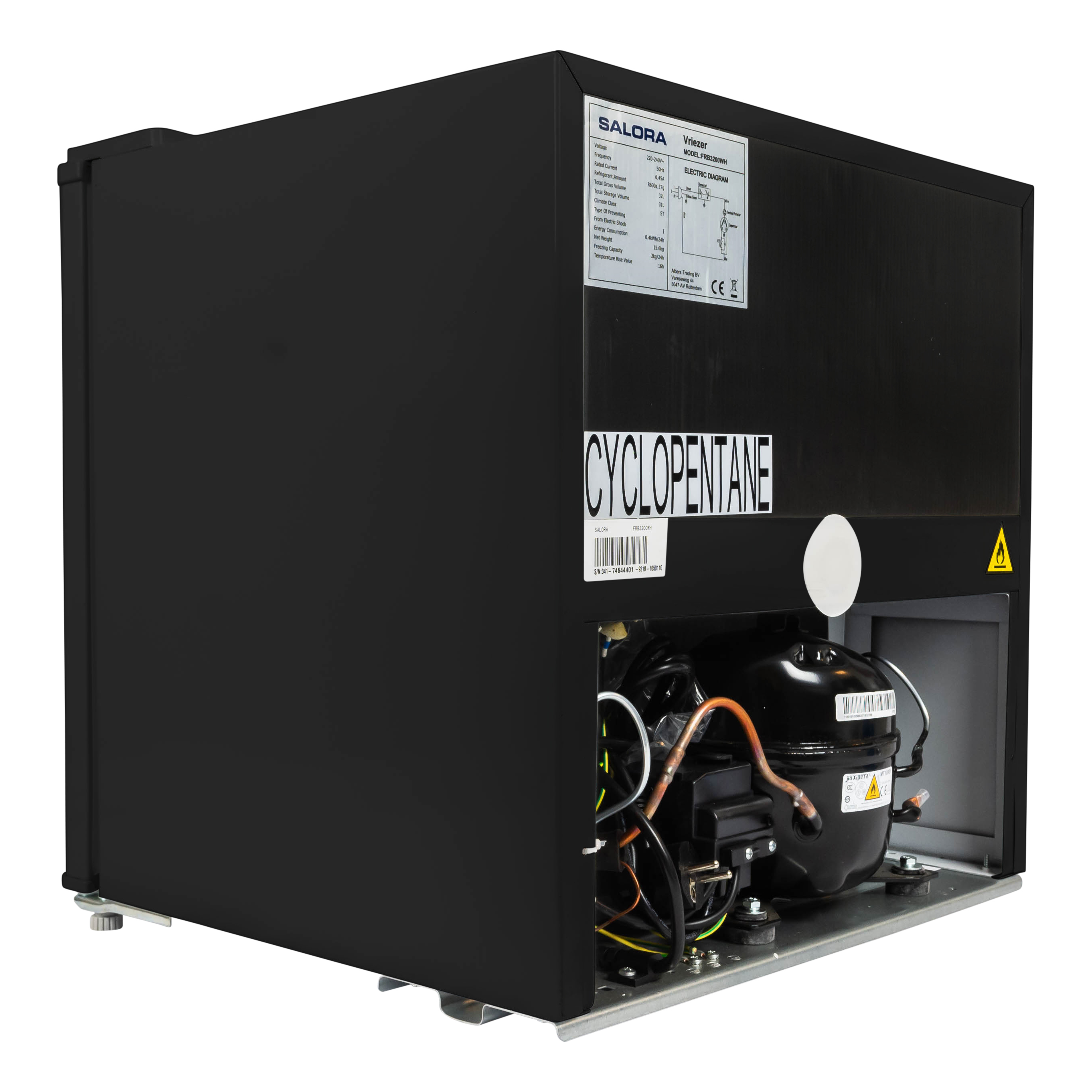 Black refrigerator compressor with visible components and labels.