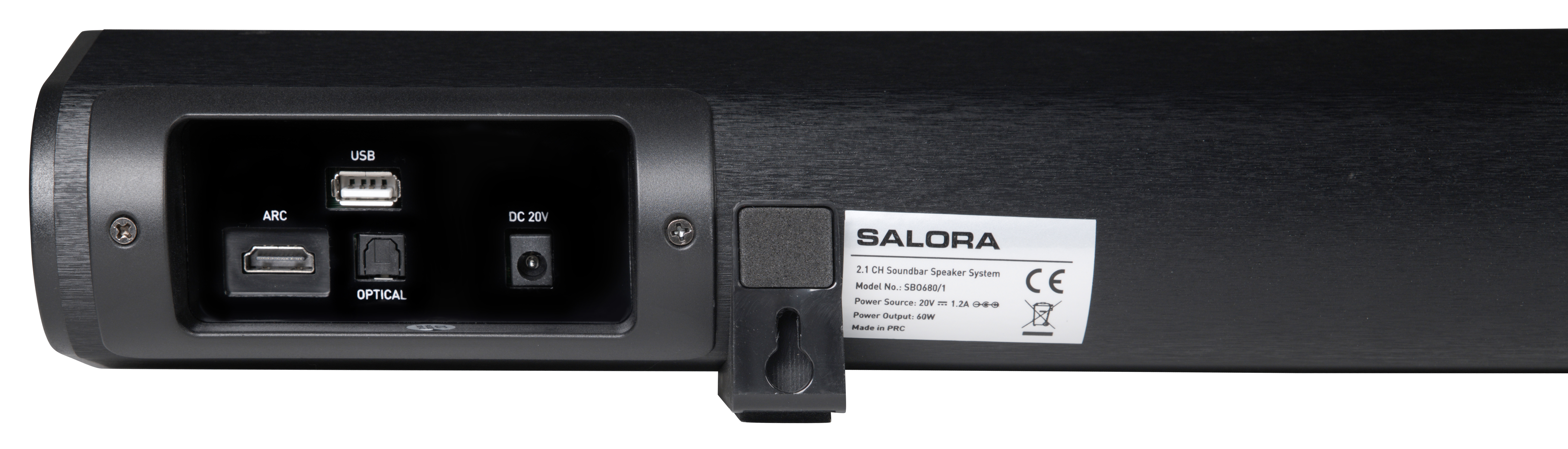 Arrière d'une barre de son noire montrant les ports : USB, ARC, Optique, DC 20V et un support.