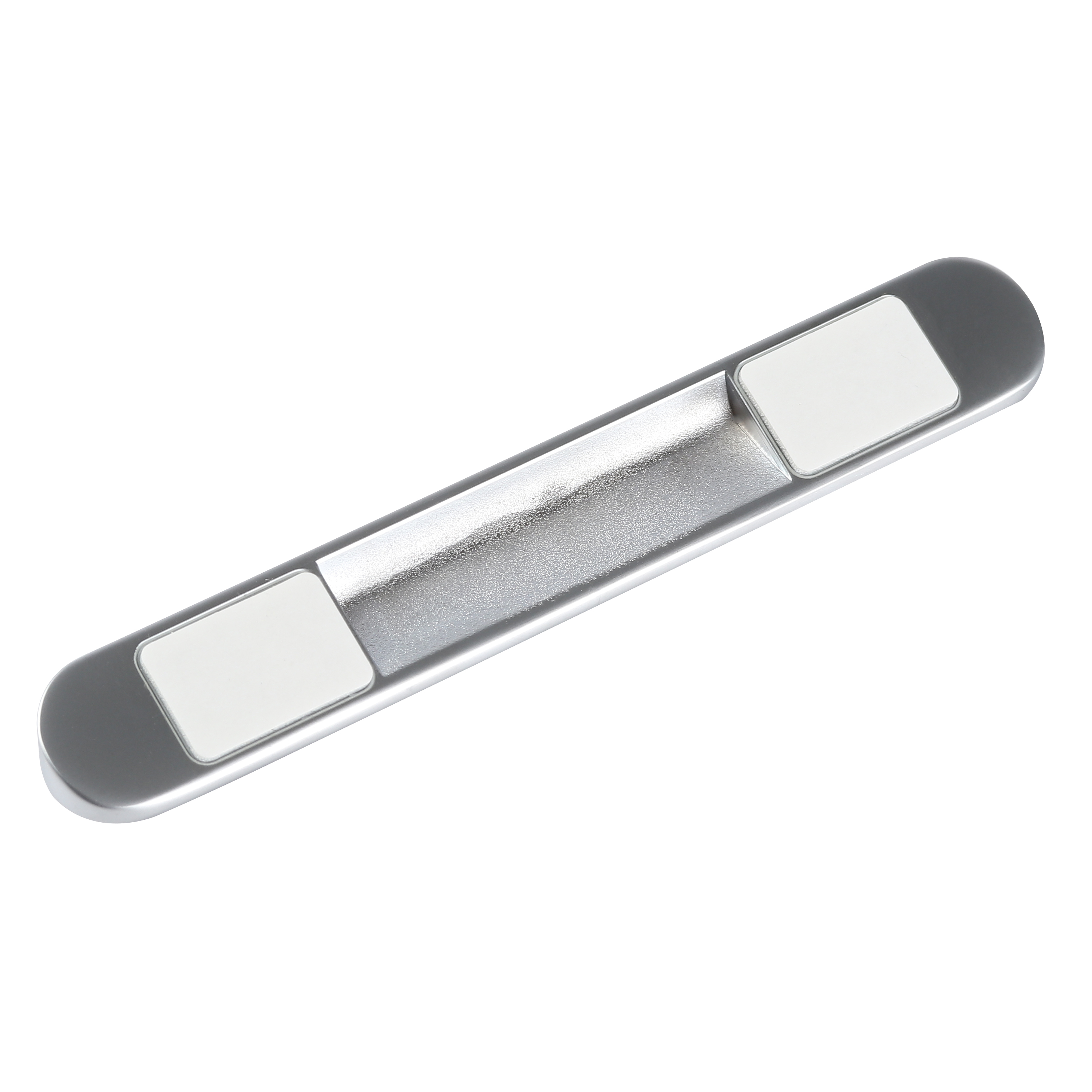 Soporte magnético plateado para teléfono, rectangular con almohadillas blancas.
