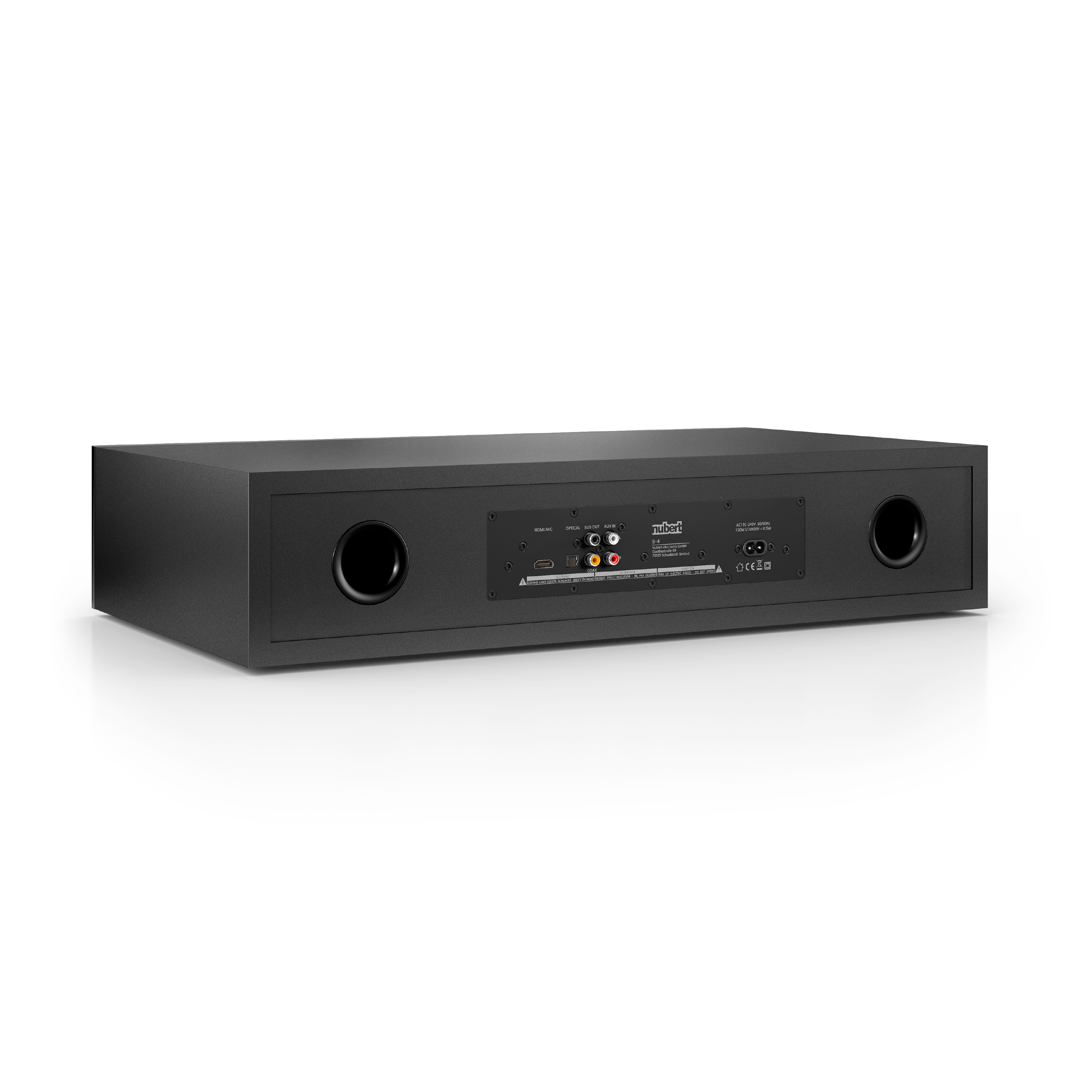 Schwarze Soundbar mit Anschlüssen hinten. Lautsprecher sichtbar. Weiße Oberfläche.