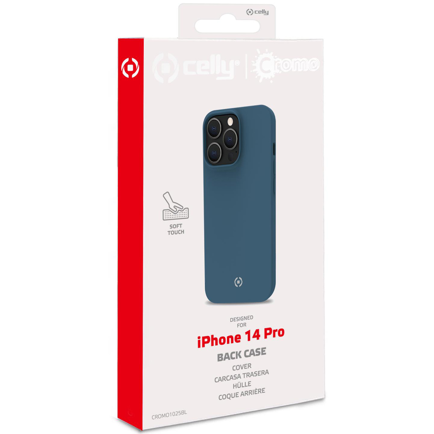 Custodia posteriore per iPhone 14 Pro in scatola bianca, custodia blu.