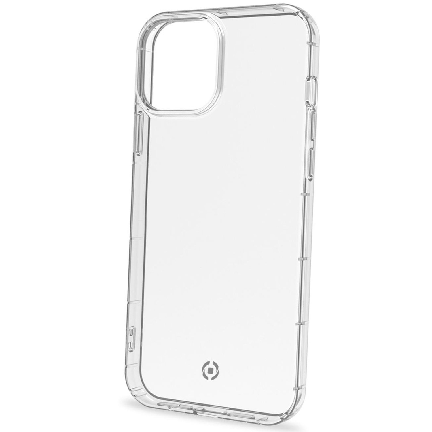 Custodia trasparente per telefono con design arrotondato. È trasparente e ha un logo in basso.