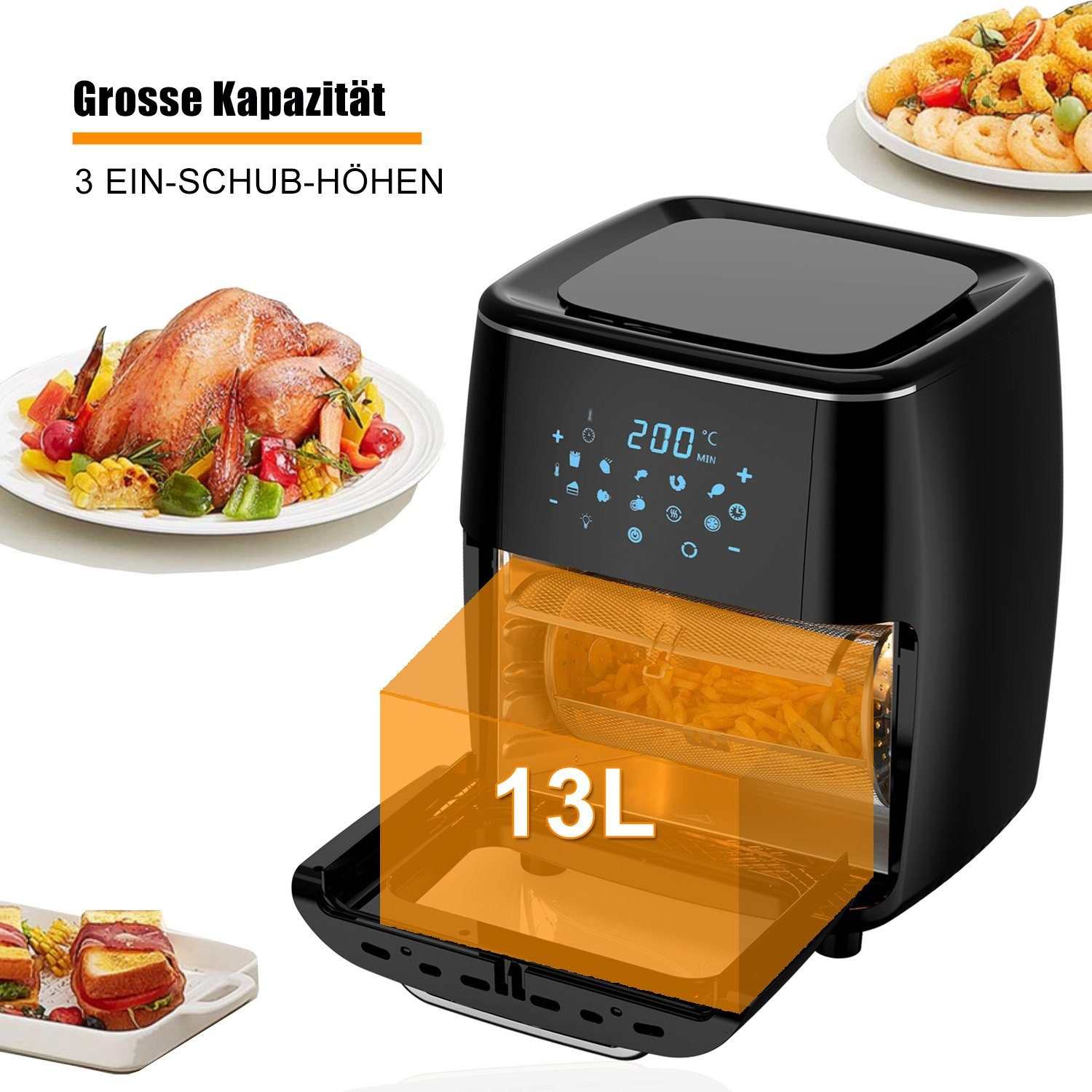Schwarze Heißluftfritteuse mit sichtbarem Korb. Essen ist darum herum abgebildet, einschließlich Frittiertem und Huhn.