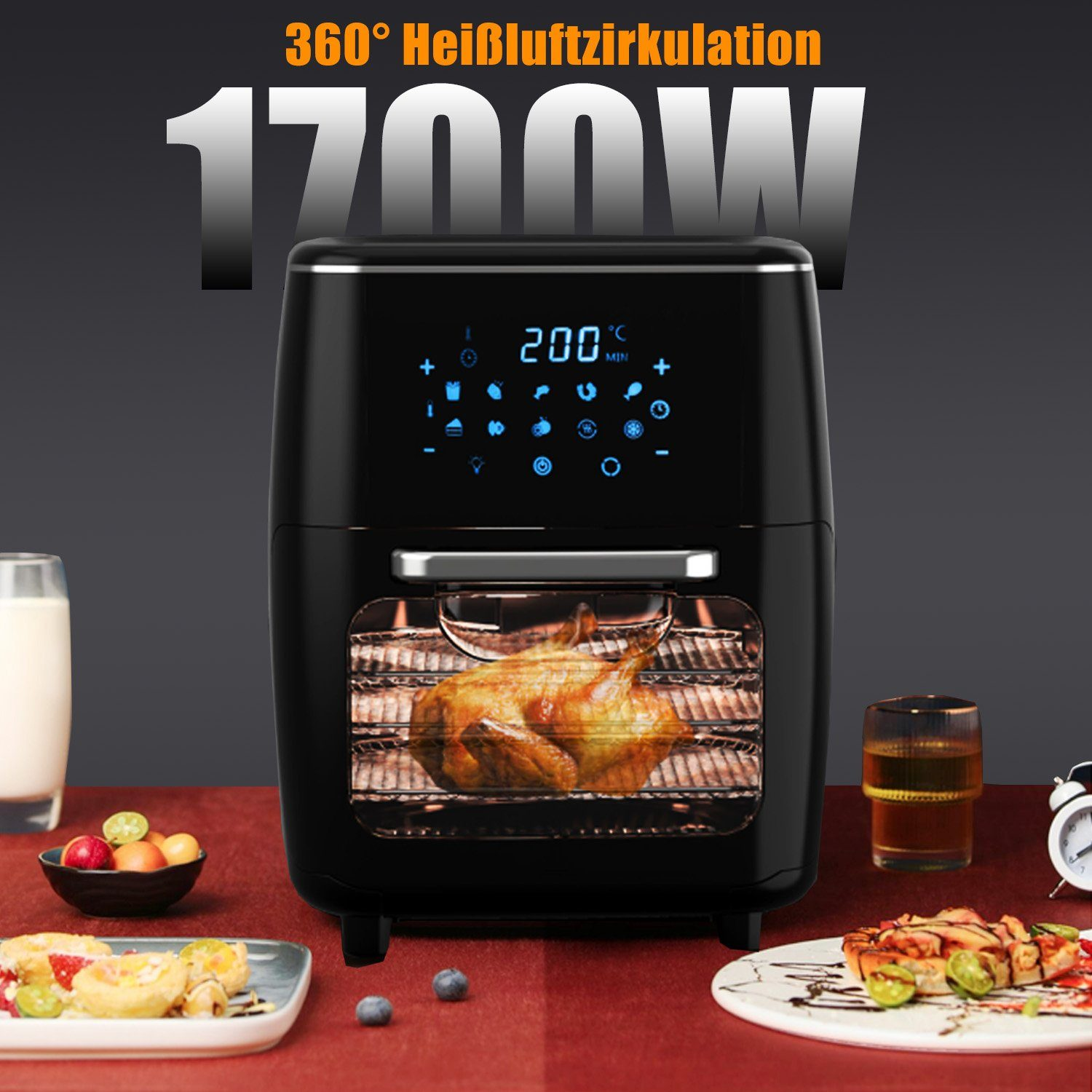 Schwarze Heißluftfritteuse mit einem Hähnchen im Inneren und einem digitalen Display mit Knöpfen.