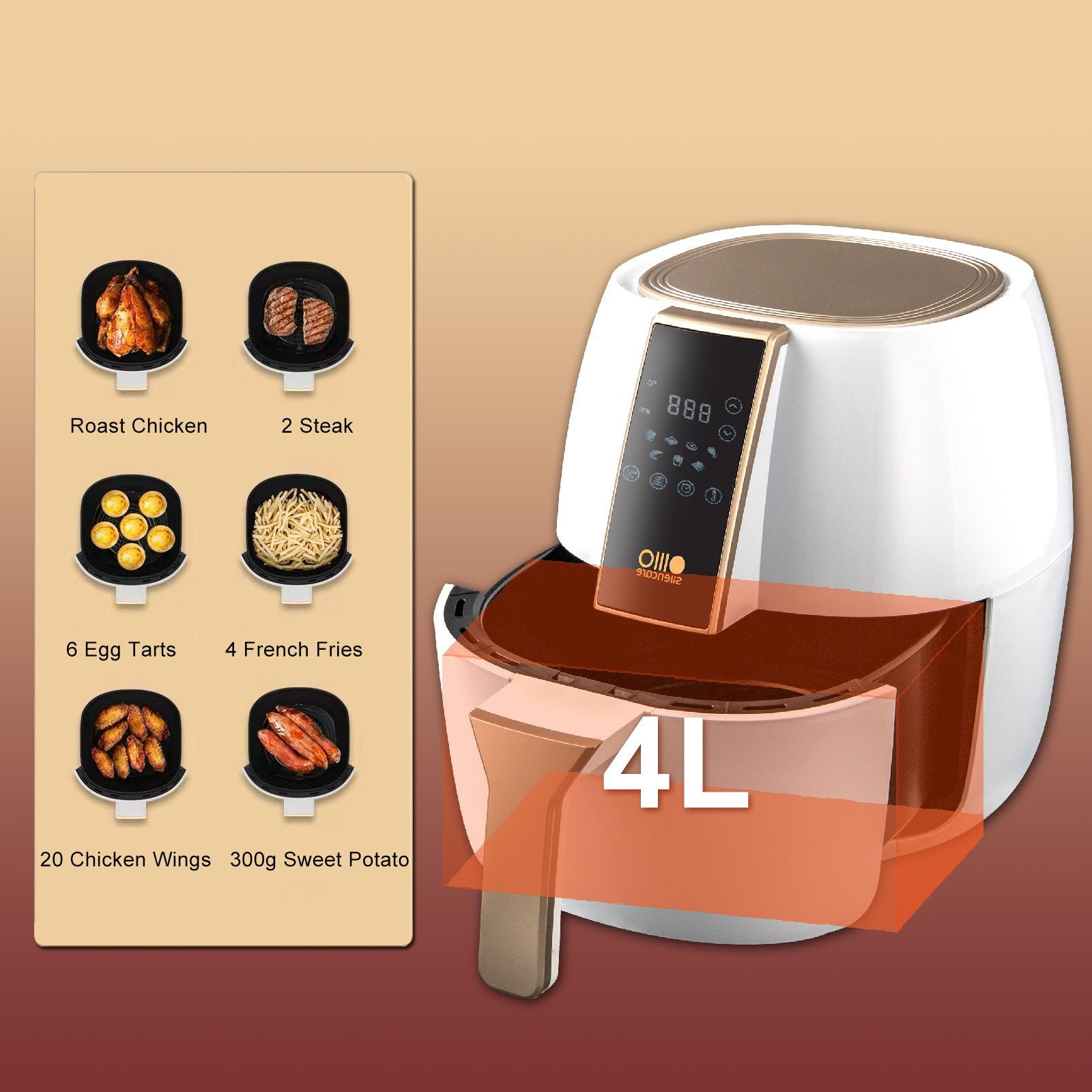 Eine Heißluftfritteuse mit Essenssymbolen: Hähnchen, Steak, Eiertörtchen, Pommes.
