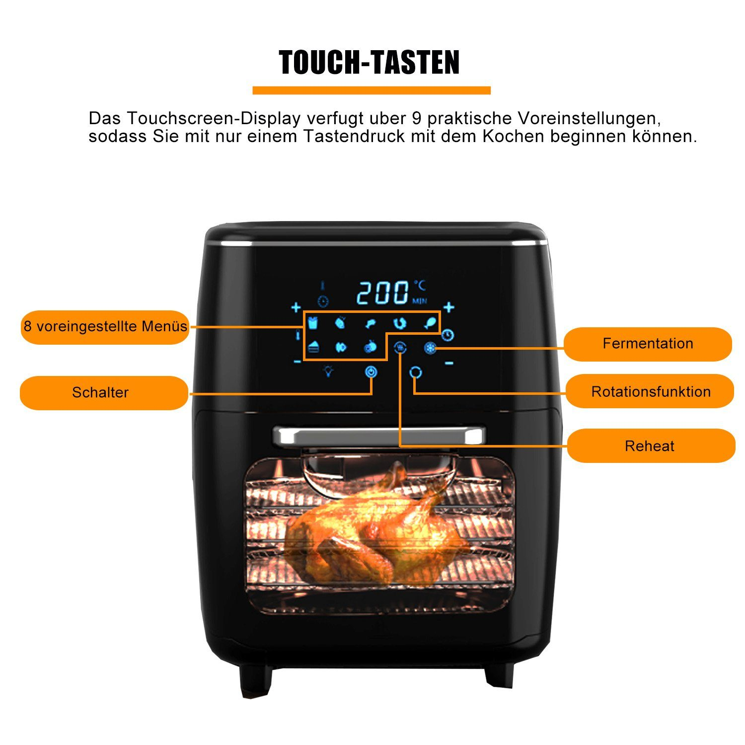 Schwarze Heißluftfritteuse mit offener Tür und Brathähnchen. Touchscreen-Anzeige und Funktionsbezeichnungen sichtbar.