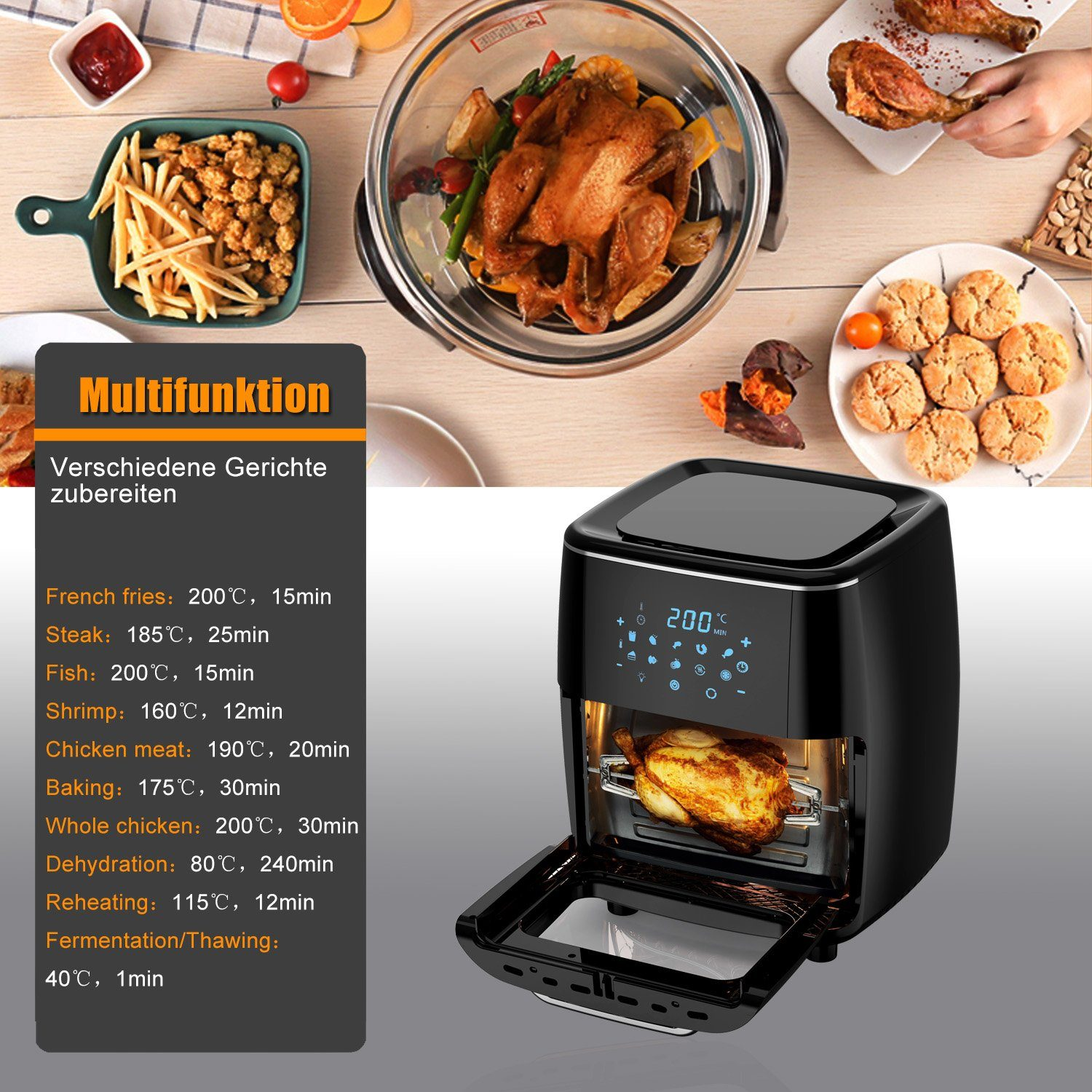 Eine Heißluftfritteuse mit Essen darin, eine Rezepttabelle links und andere Gerichte daneben.