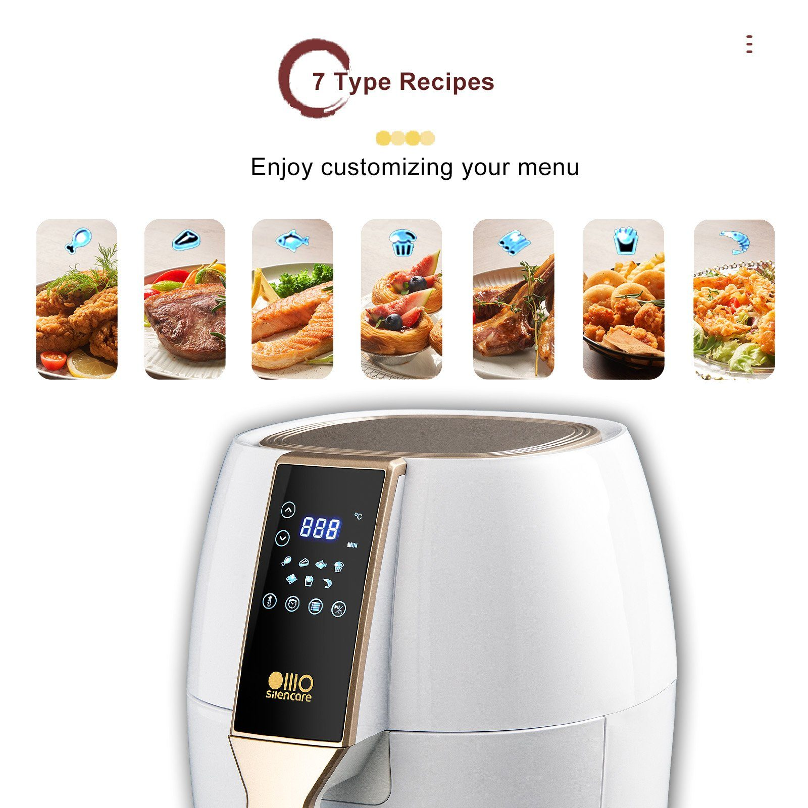 Weißer Luftfritteuse mit Digitalanzeige und Bildern von 7 Lebensmittelrezepten.