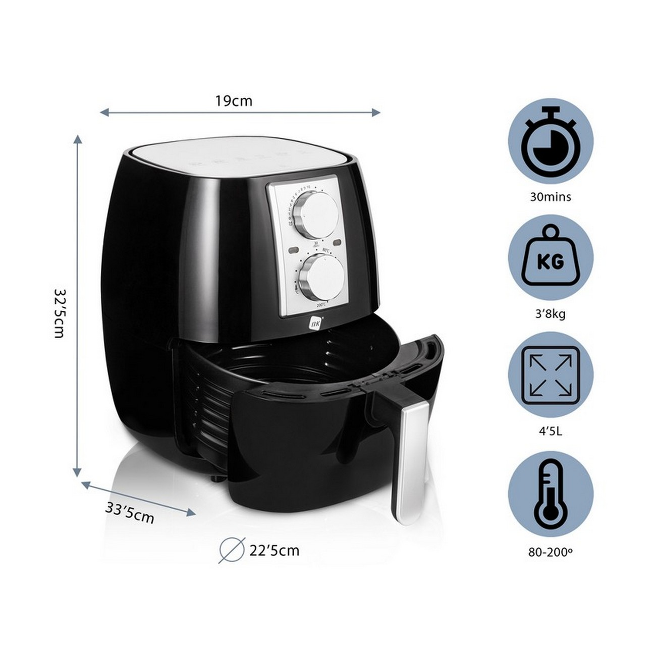 Freidora de aire negra con dimensiones e iconos para temporizador, peso, capacidad y rango de temperatura.