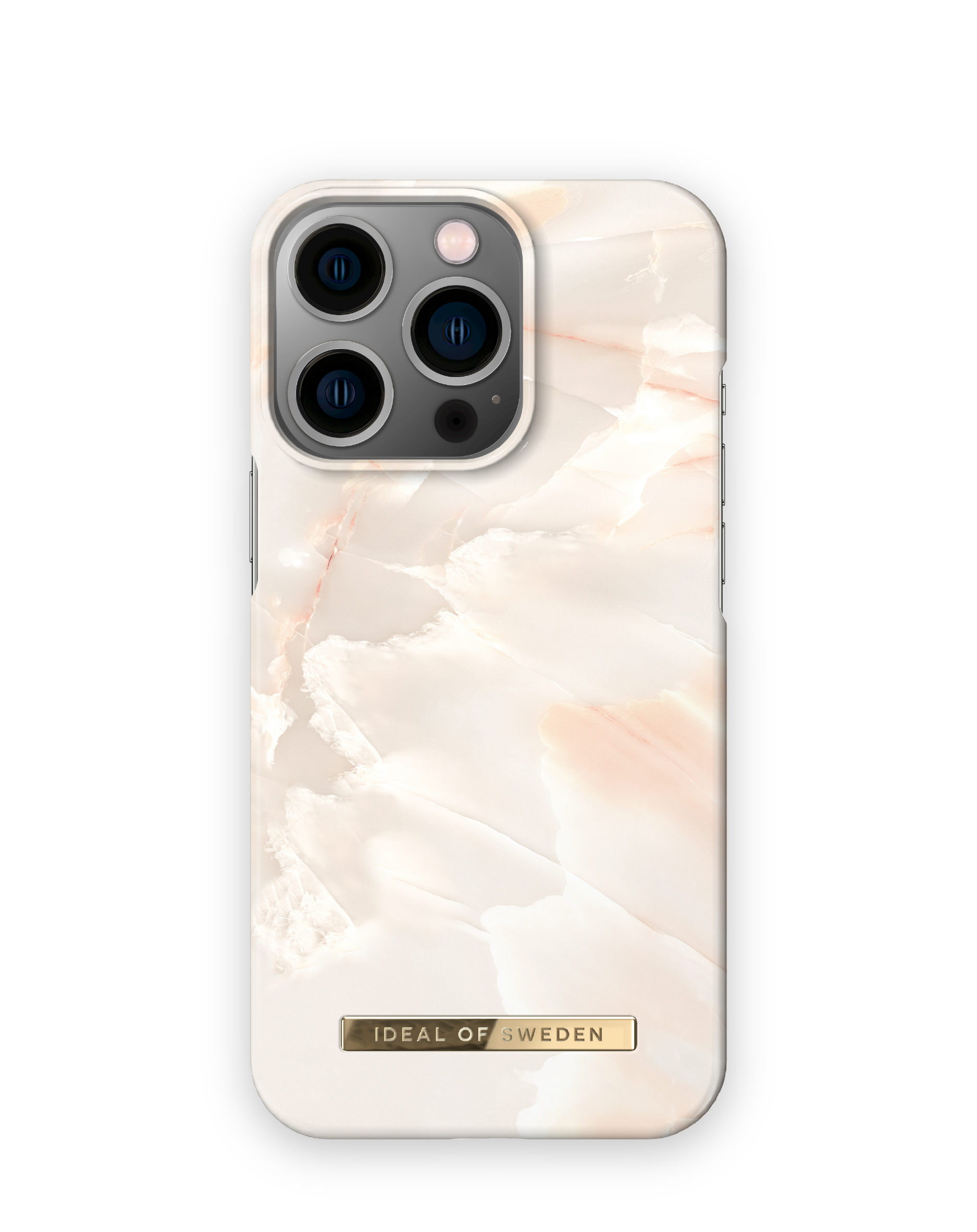 Weißes und pfirsichfarbenes Marmor-Handycase mit goldenem Ideal of Sweden-Logo. Der Hintergrund ist schwarz.