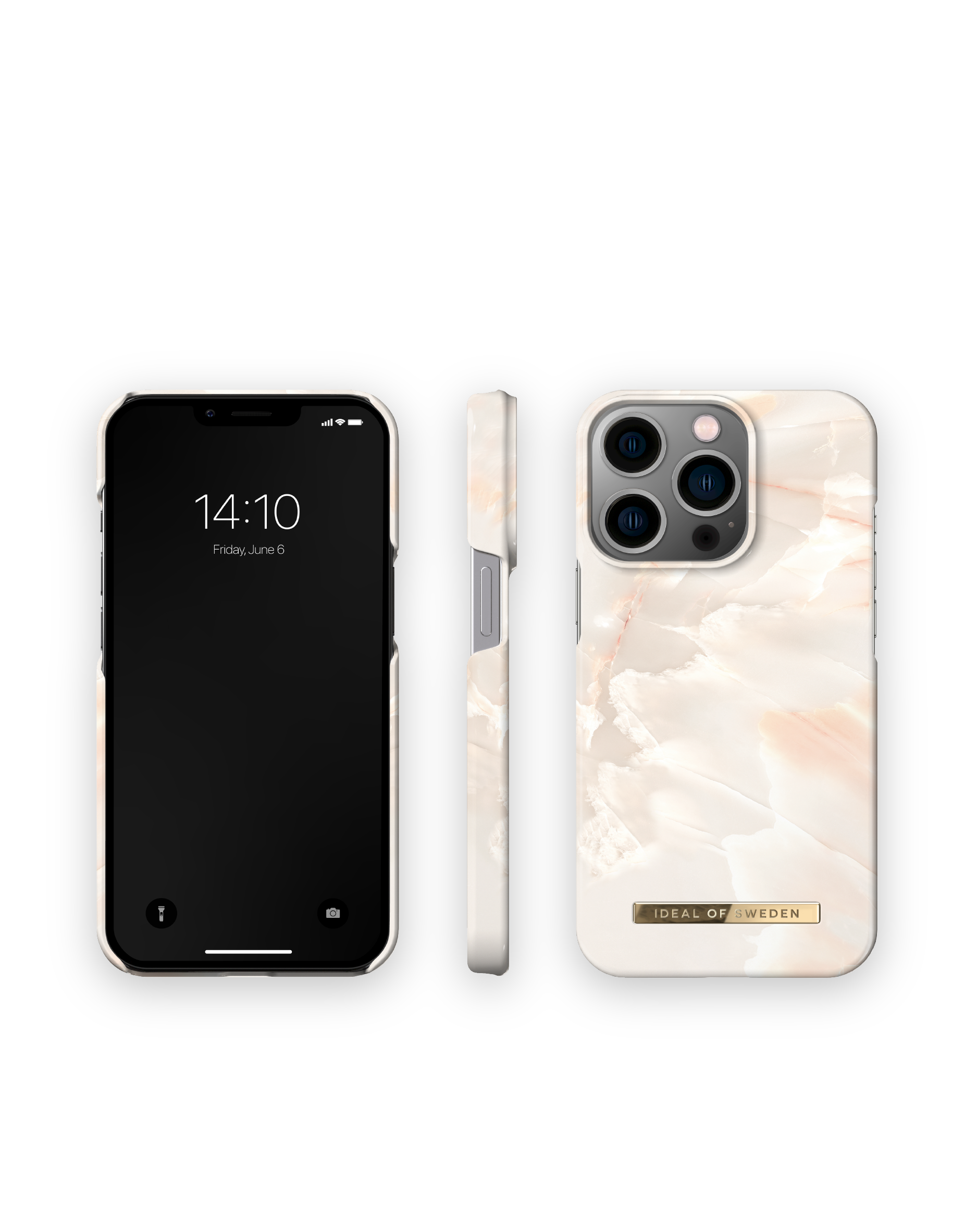 iPhone mit marmoriertem Gehäuse. Neben zwei weiteren Telefonansichten angezeigt.