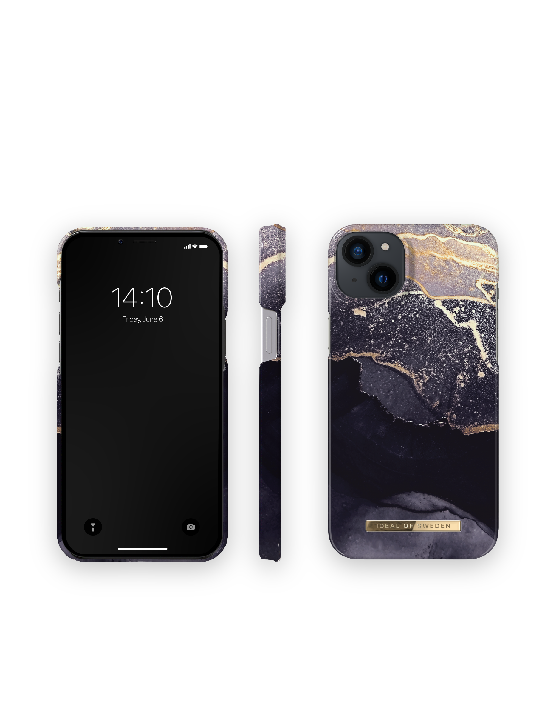 Handyhülle mit schwarzem und goldenem Design. Das Telefon wird aus mehreren Blickwinkeln gezeigt. Die Marke ist IDEAL OF SWEDEN.