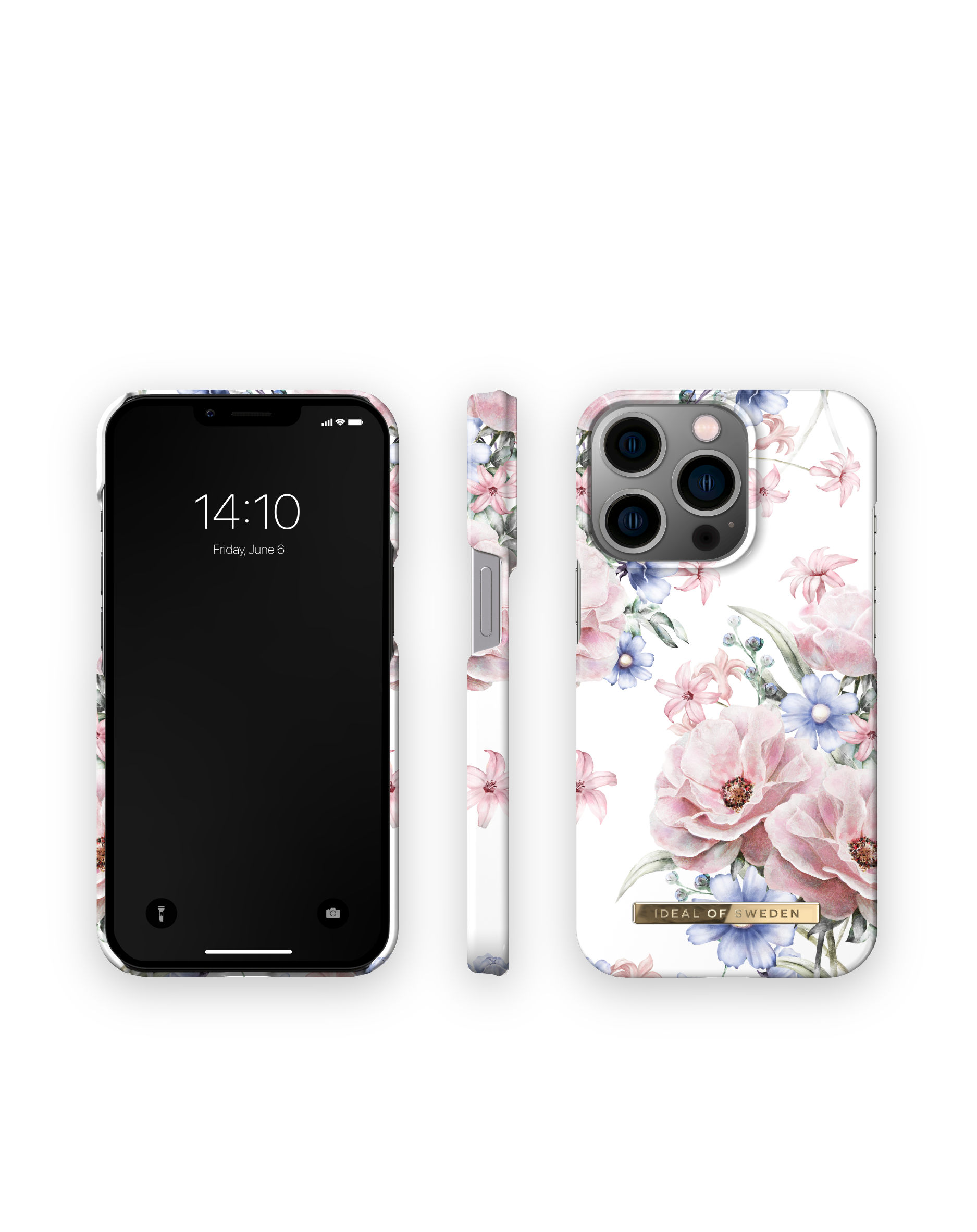 Drei Ansichten des iPhones in einer Hülle mit Blumenmuster. Das Telefon zeigt Uhrzeit, Datum. Seitenansicht zeigt Muster.