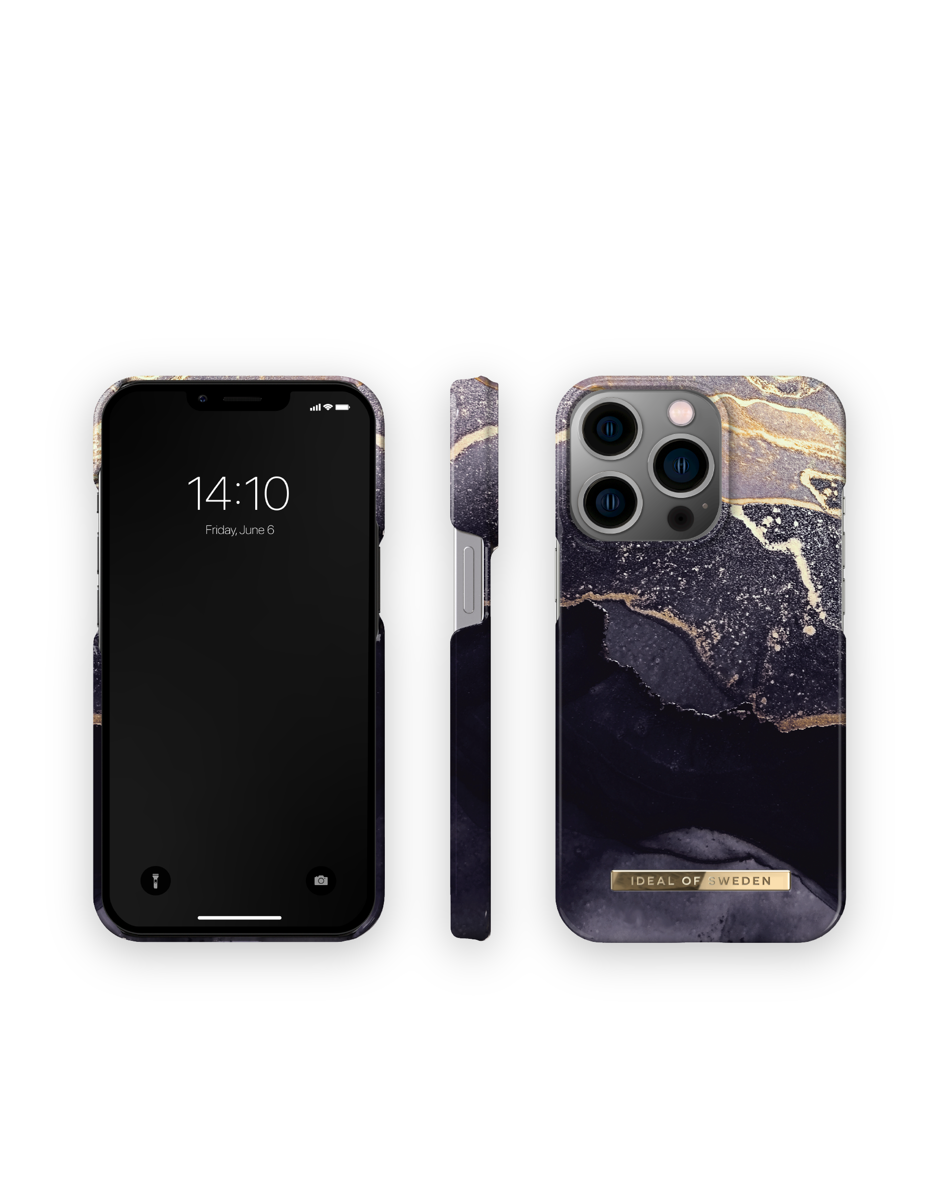Drei Ansichten eines Smartphones in einer schwarz-goldenen Marmormuster-Hülle.