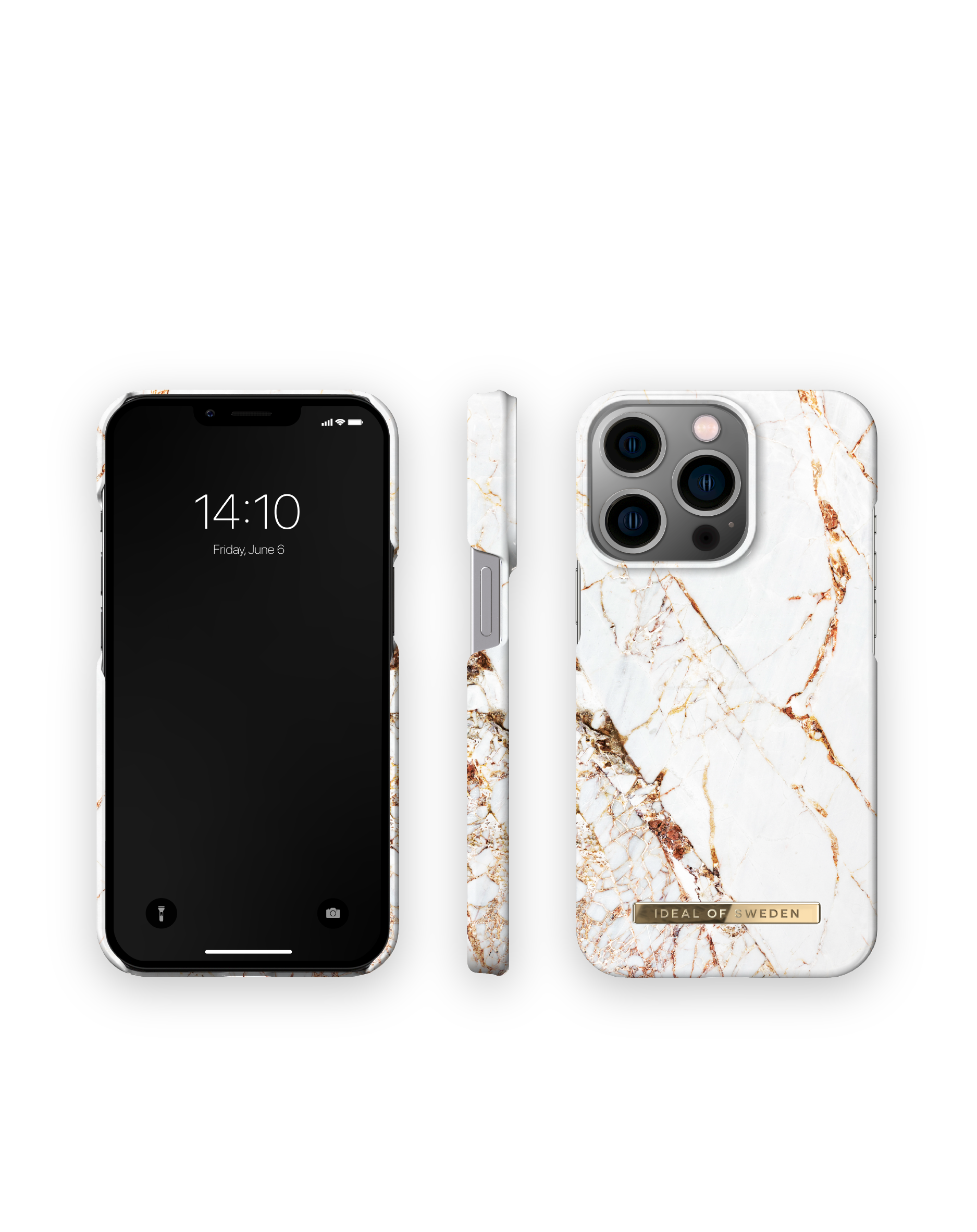 Smartphone in einer Hülle mit Marmormuster. Drei Ansichten des Telefons.
