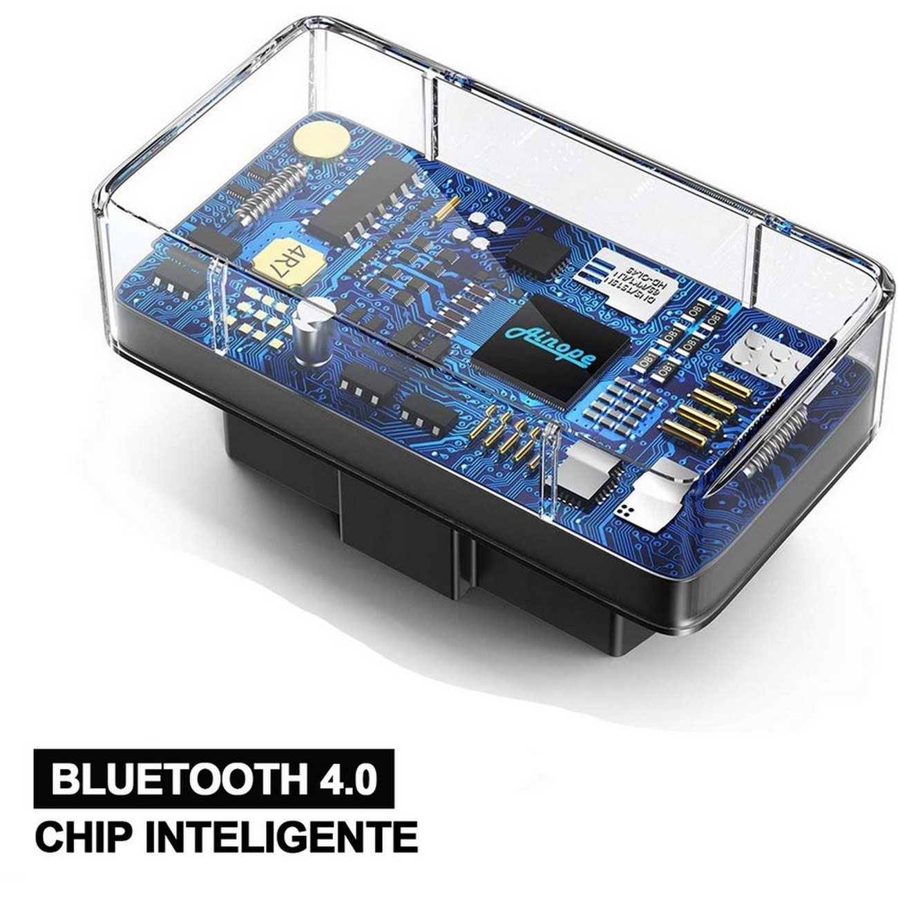 Un dispositivo electrónico transparente con placa de circuito azul. Se ve Bluetooth 4.0 e información del chip.