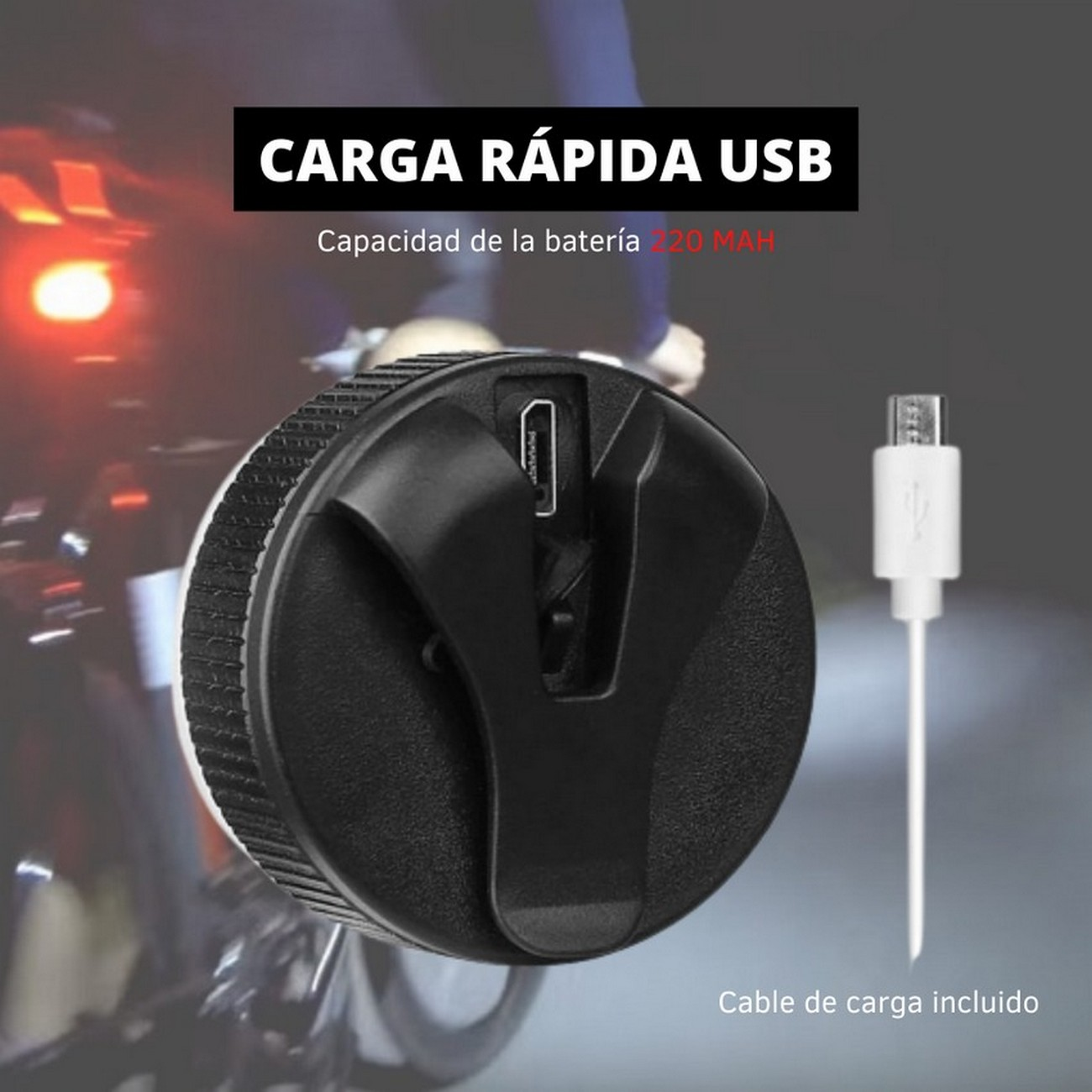 Dispositivo circular negro con puerto de carga USB y cable de carga. Texto: 'CARGA RAPIDA USB'.
