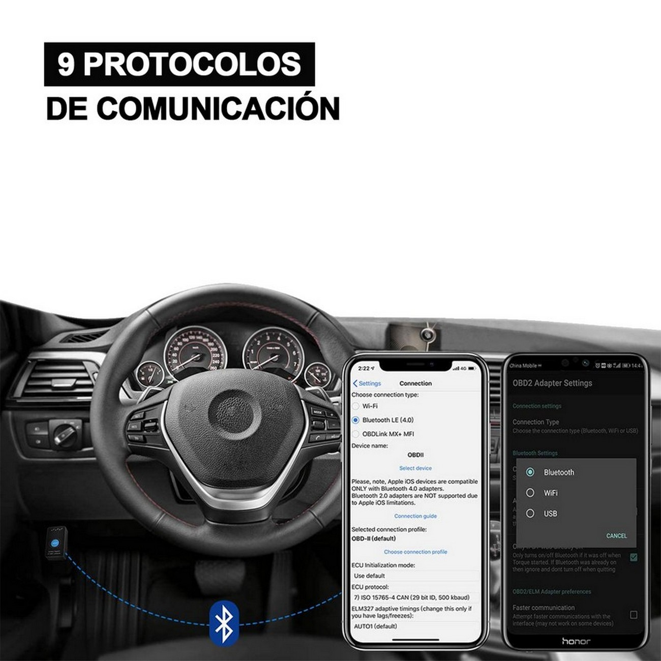 Dos teléfonos muestran la configuración de la conexión Bluetooth de un coche. El salpicadero al fondo.