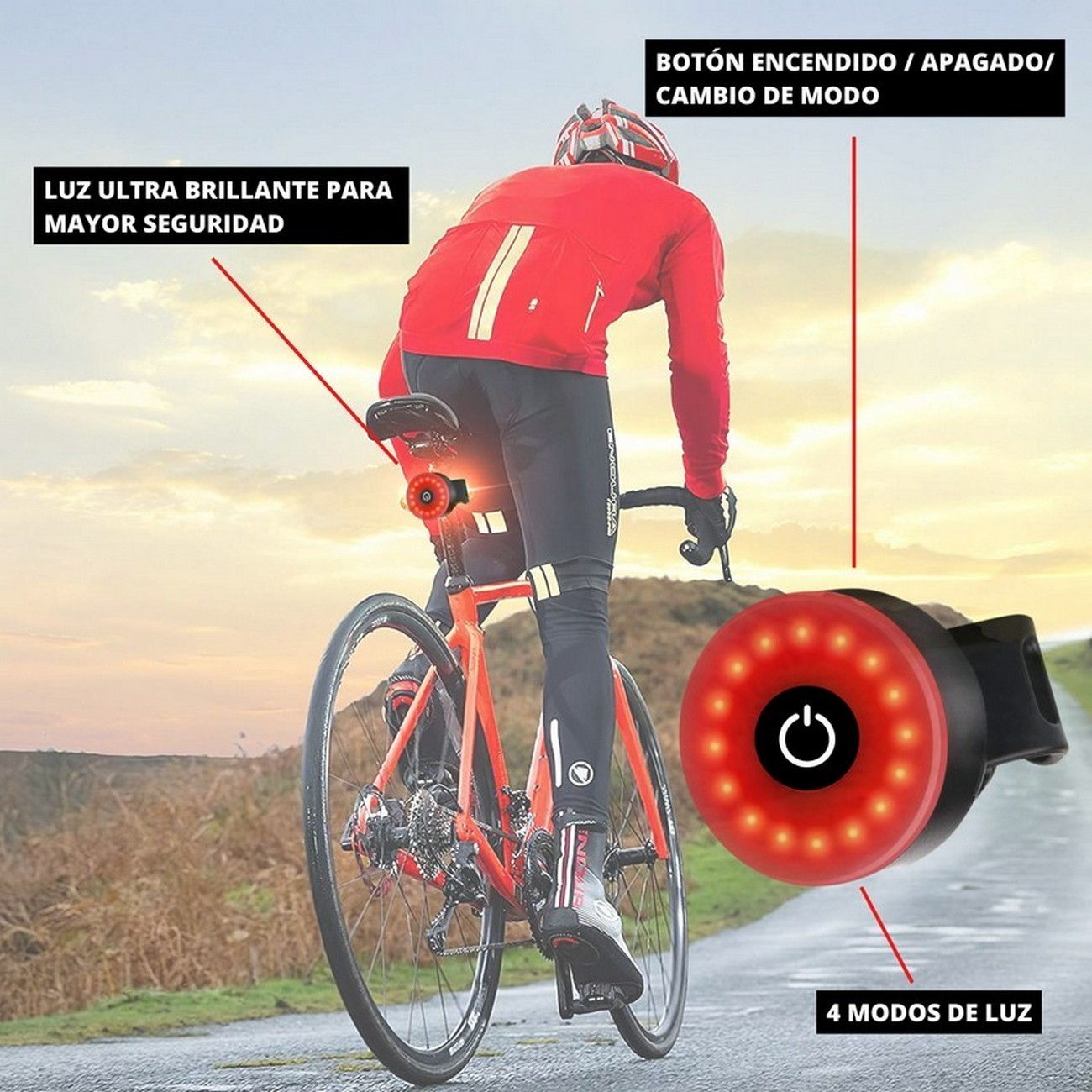 Ciclista en bicicleta roja con luz trasera roja, escena nocturna con texto.
