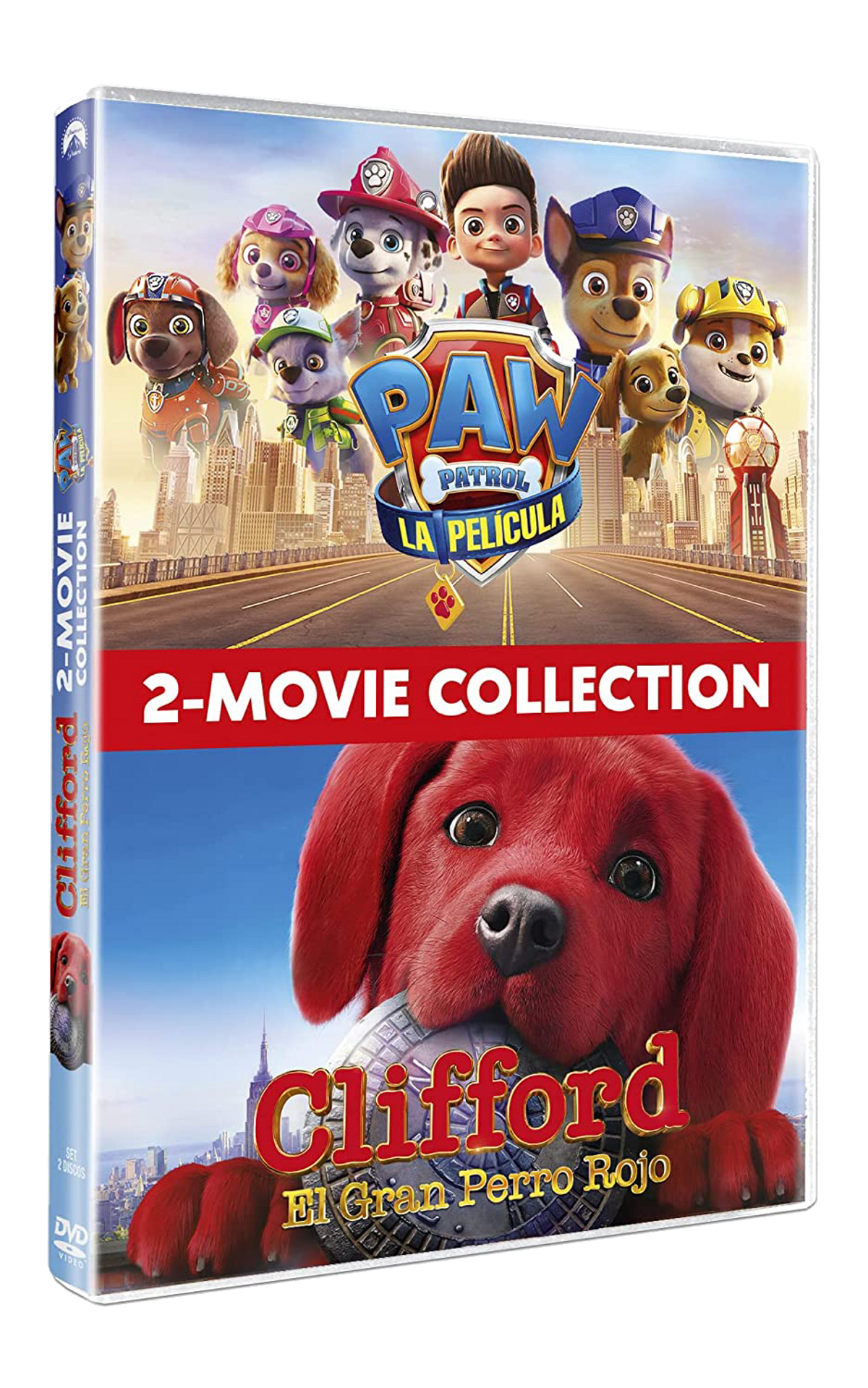 Funda de DVD con las películas 'Paw Patrol' y 'Clifford el Gran Perro Rojo'.