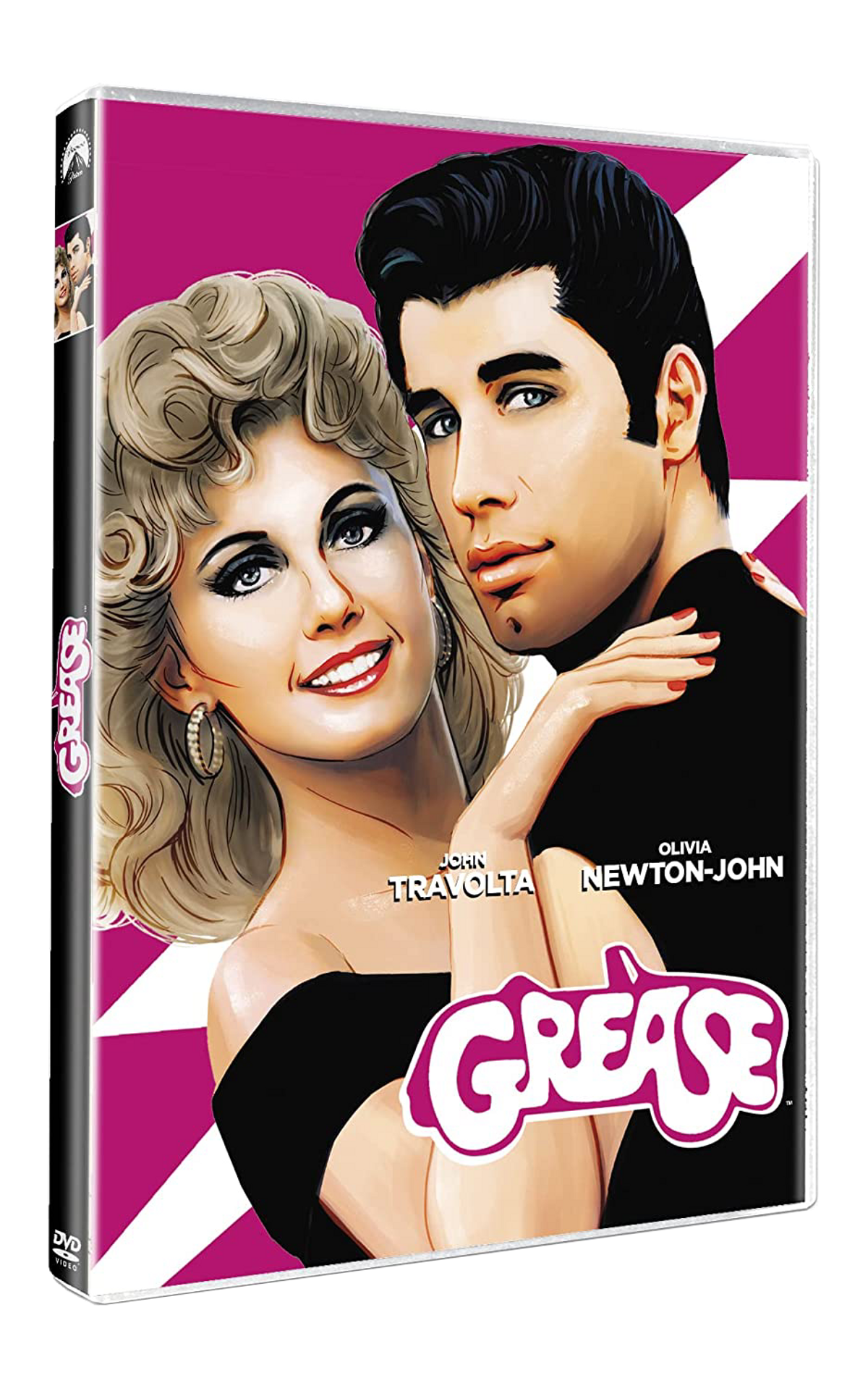 Portada de DVD de Grease. Presenta a John Travolta y Olivia Newton-John. Fondo rosa.