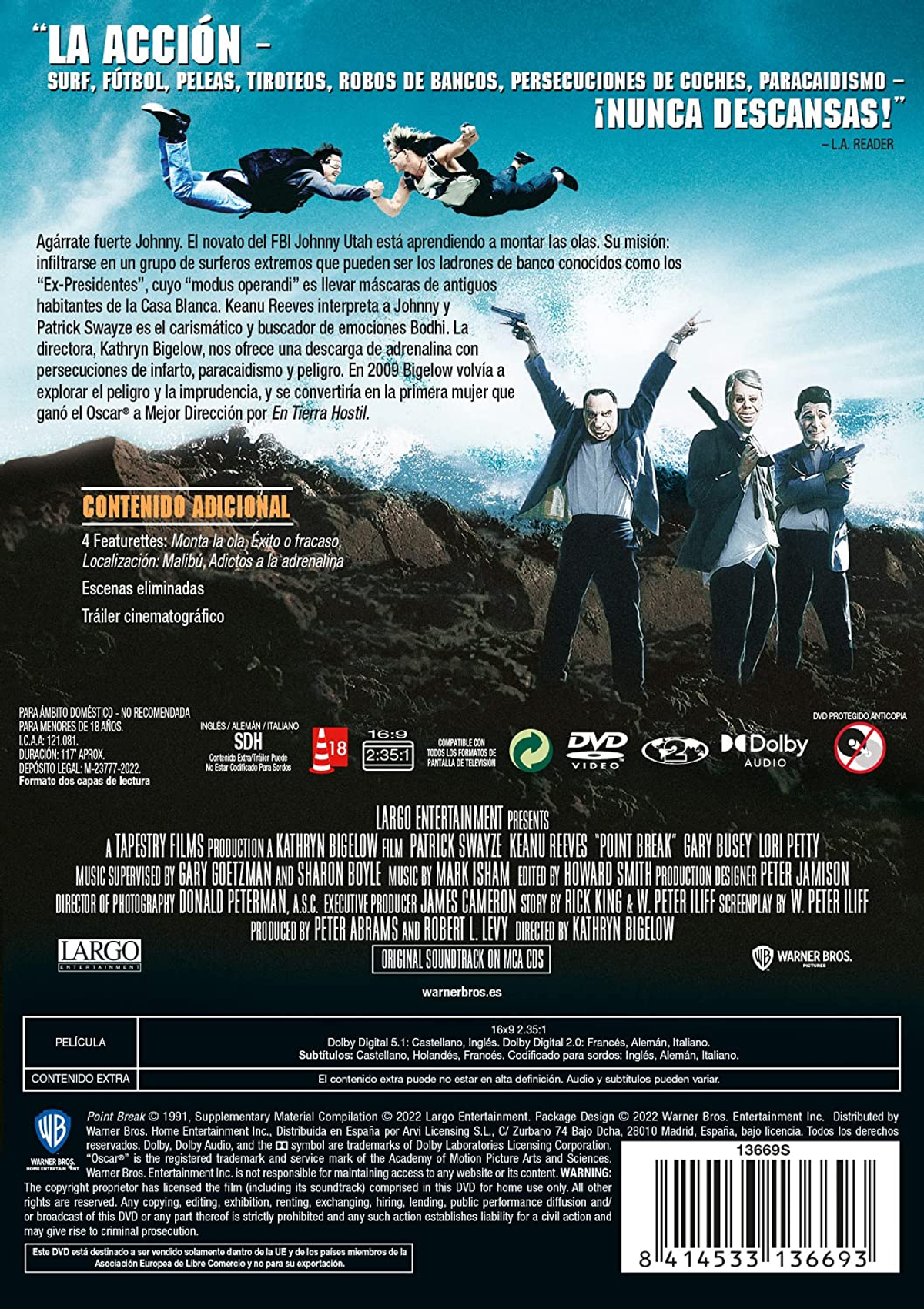 Portada de DVD de la película Point Break, con texto e imágenes de actores.