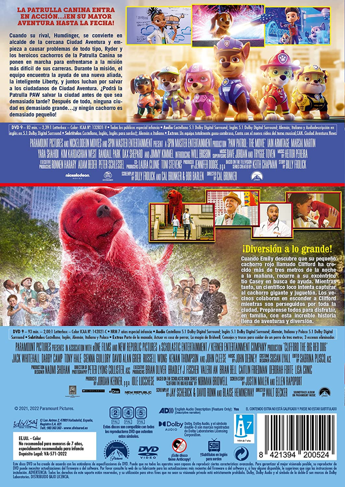 Portada de DVD con personajes de dibujos animados. Texto en varios idiomas, con el título "PAW Patrol".