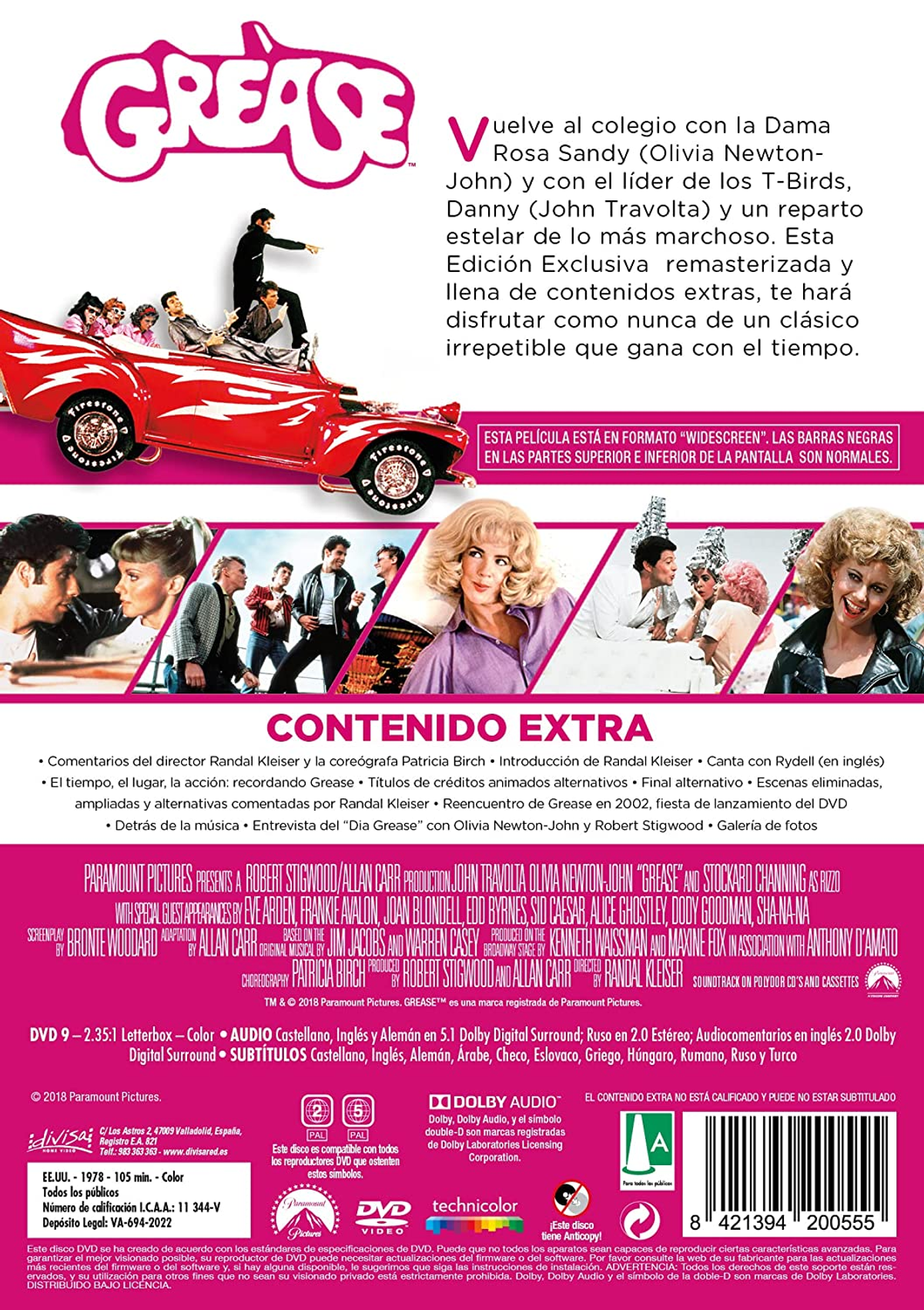 Portada del DVD de Grease con un coche rojo y el reparto de la película.