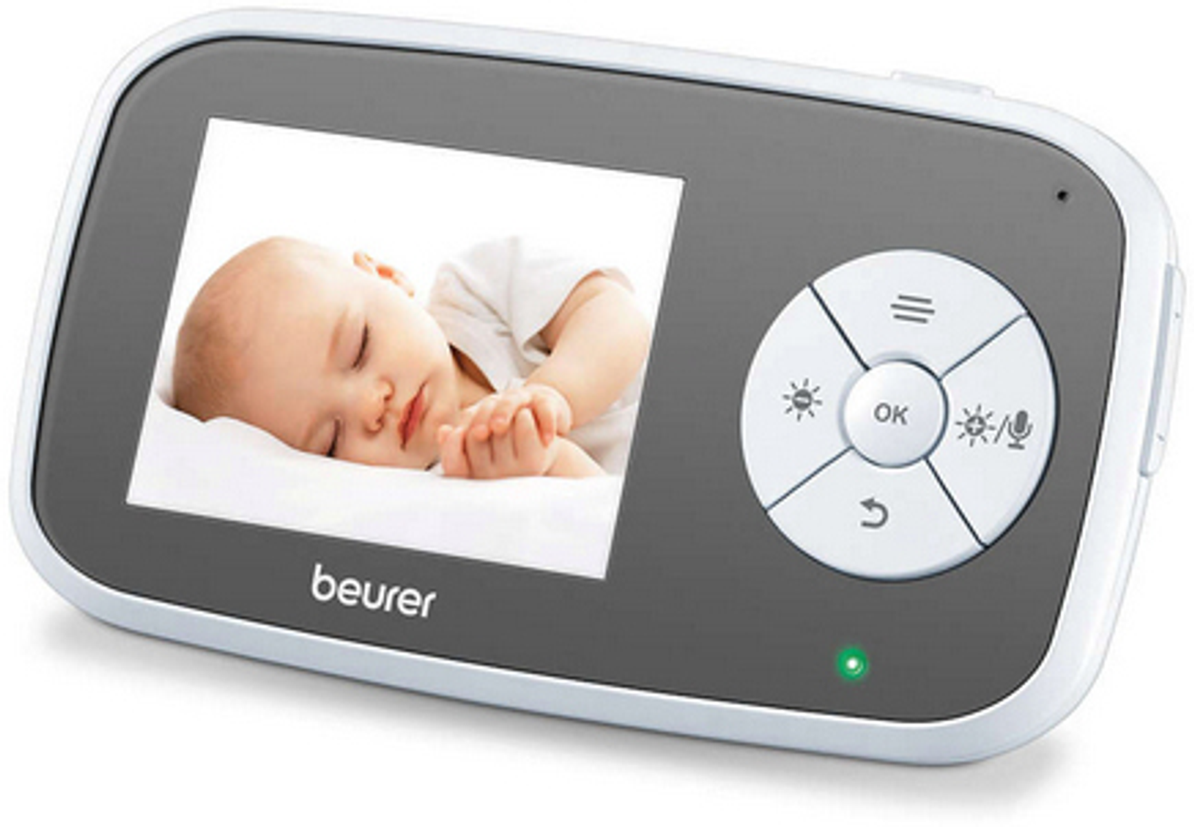 Un baby monitor bianco con uno schermo che mostra un bambino che dorme. I comandi sono sul lato destro.