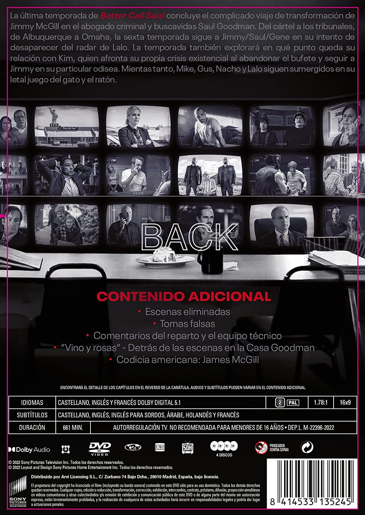 Portada de DVD, en blanco y negro, con imágenes del elenco y texto. Título: Better Call Saul.