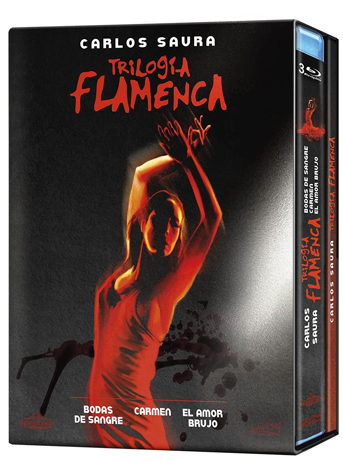 Caja de películas para 'Trilogía Flamenca' con una mujer bailando con vestido rojo.