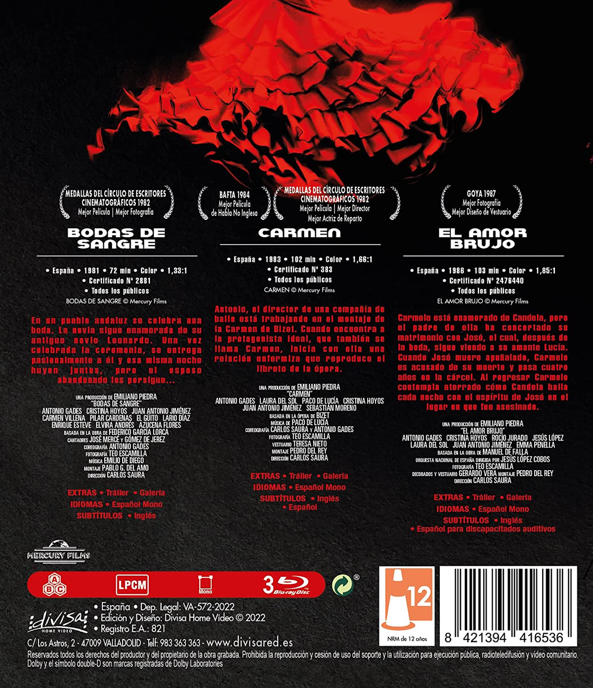 Parte trasera de una caja de DVD con detalles de la película, premios, texto y rojo.