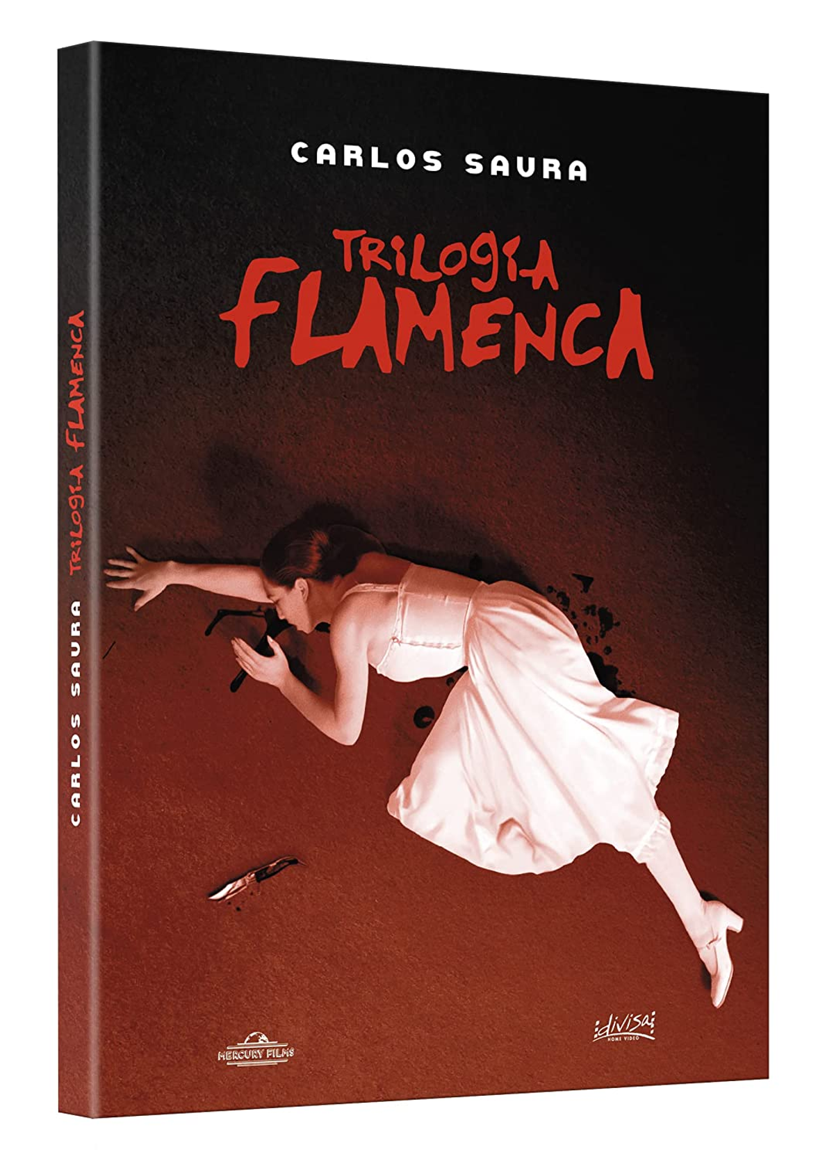 Portada de libro con una mujer en el suelo, un cuchillo y el título 'Trilogía Flamenca'.
